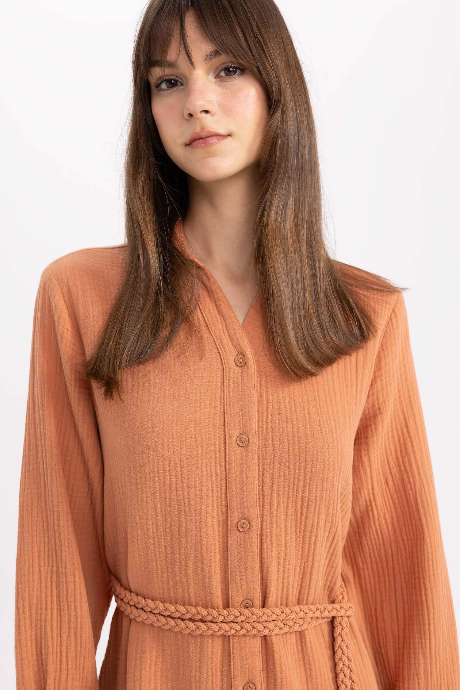 Regular Fit Shirt Collar Muslin Dress