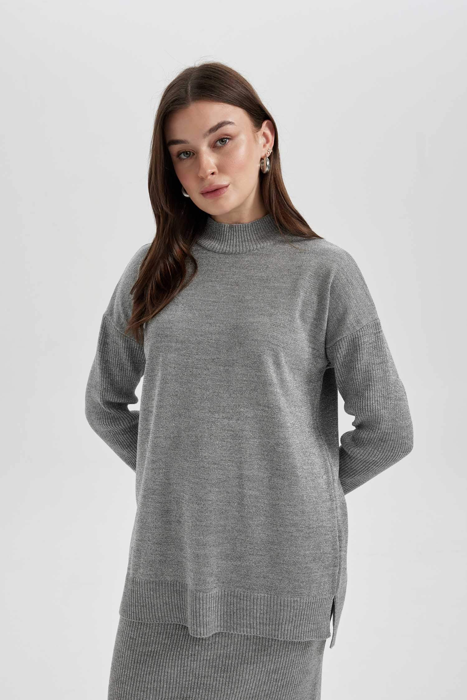 Regular Fit Half Turtleneck Basic Knitted Pullover Tunic