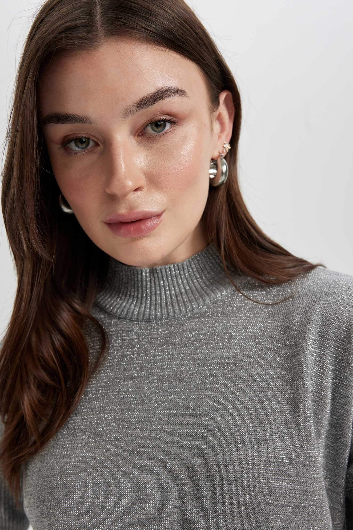 Regular Fit Half Turtleneck Basic Knitted Pullover Tunic