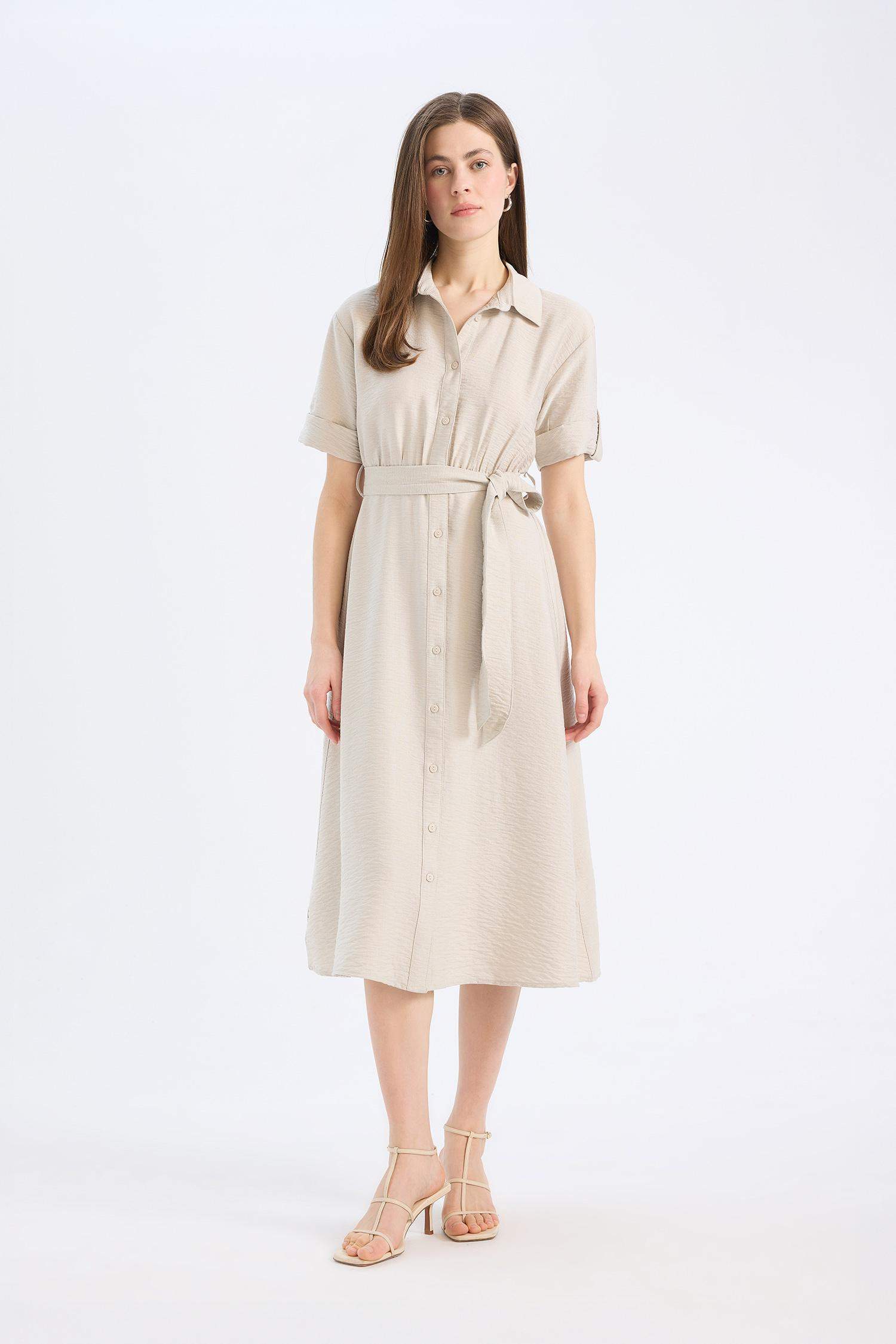 Рубашечный Воротник Короткий Рукав Миди Платье