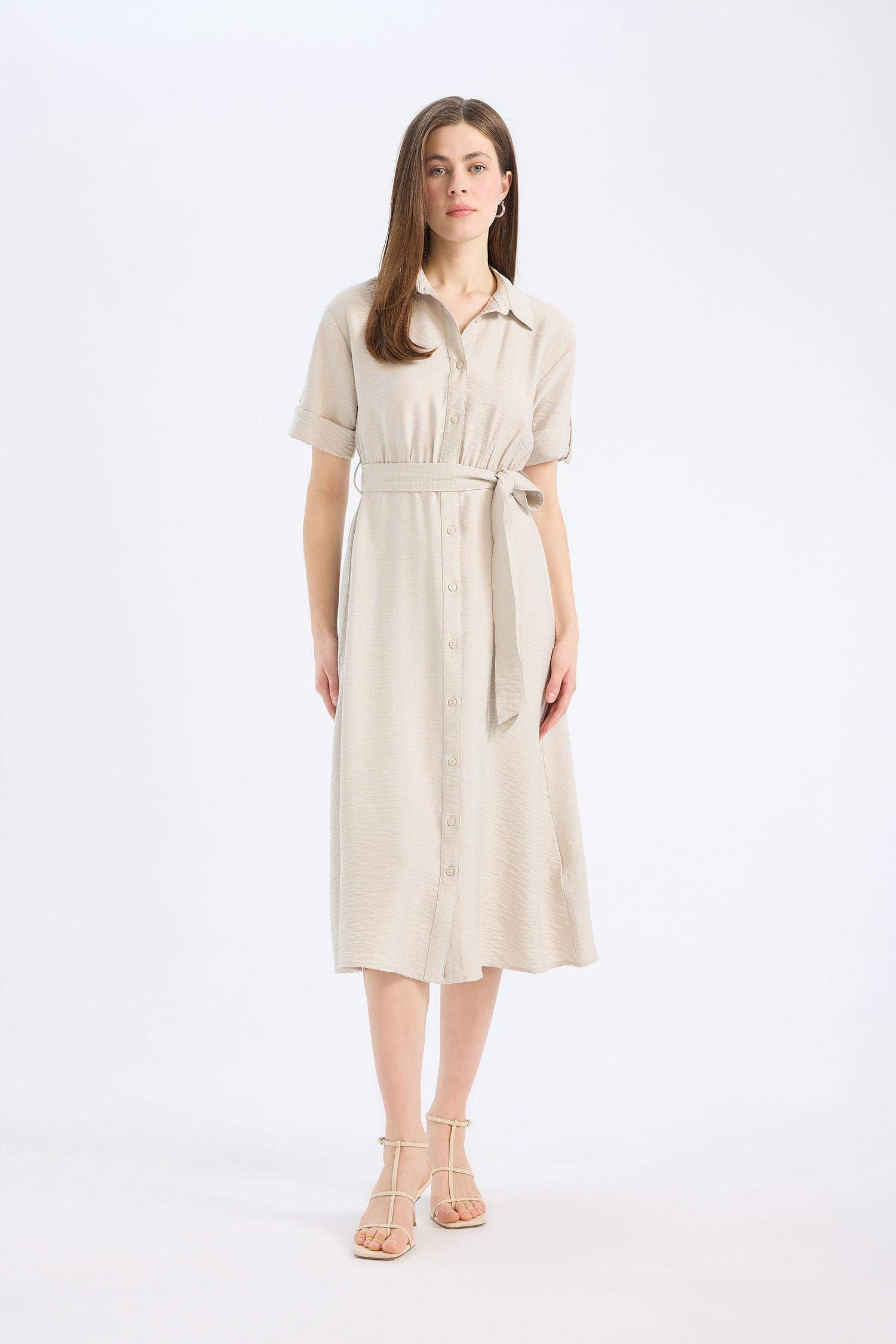 Рубашечный Воротник Короткий Рукав Миди Платье