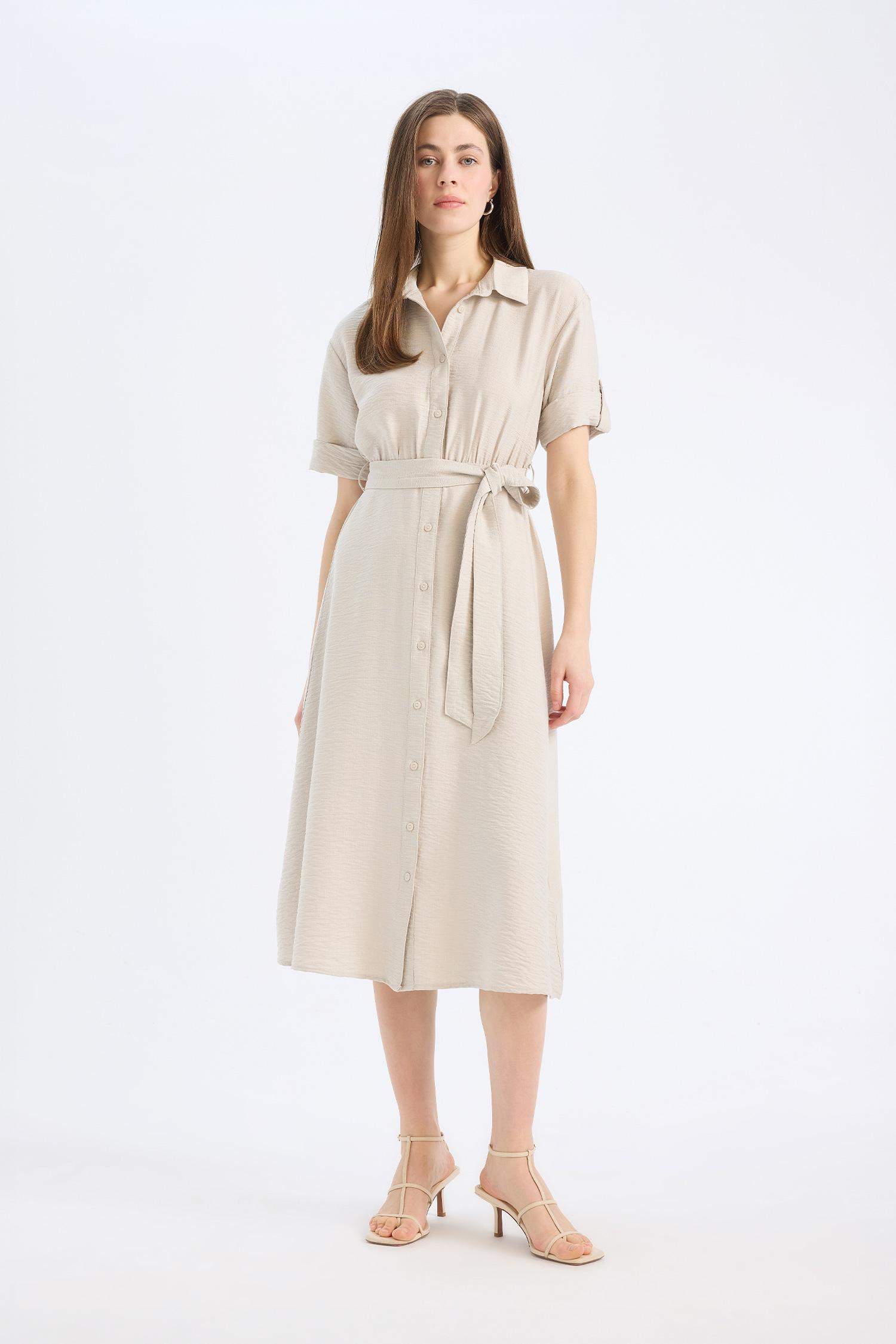 Рубашечный Воротник Короткий Рукав Миди Платье