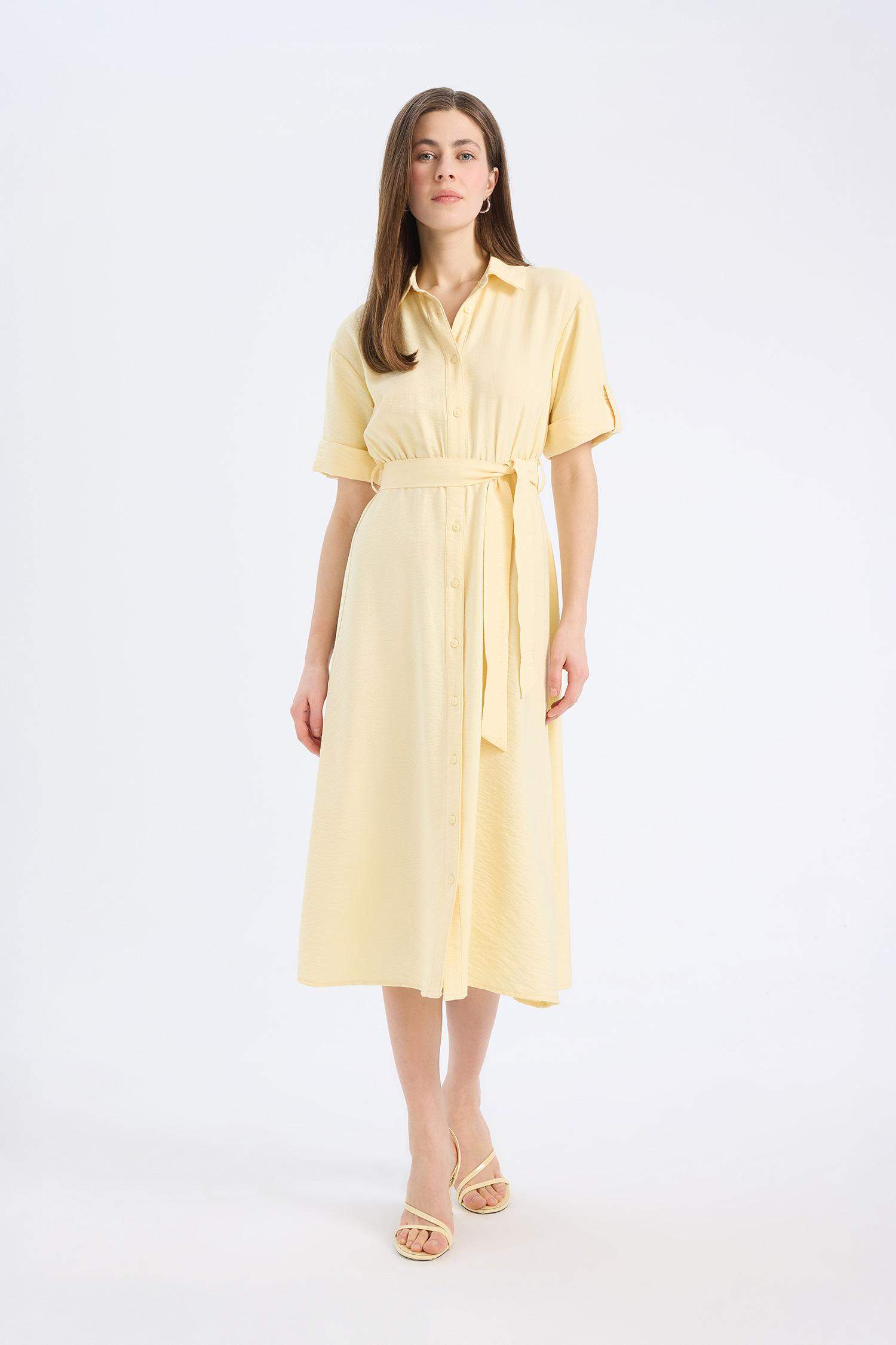 Рубашечный Воротник Короткий Рукав Миди Платье