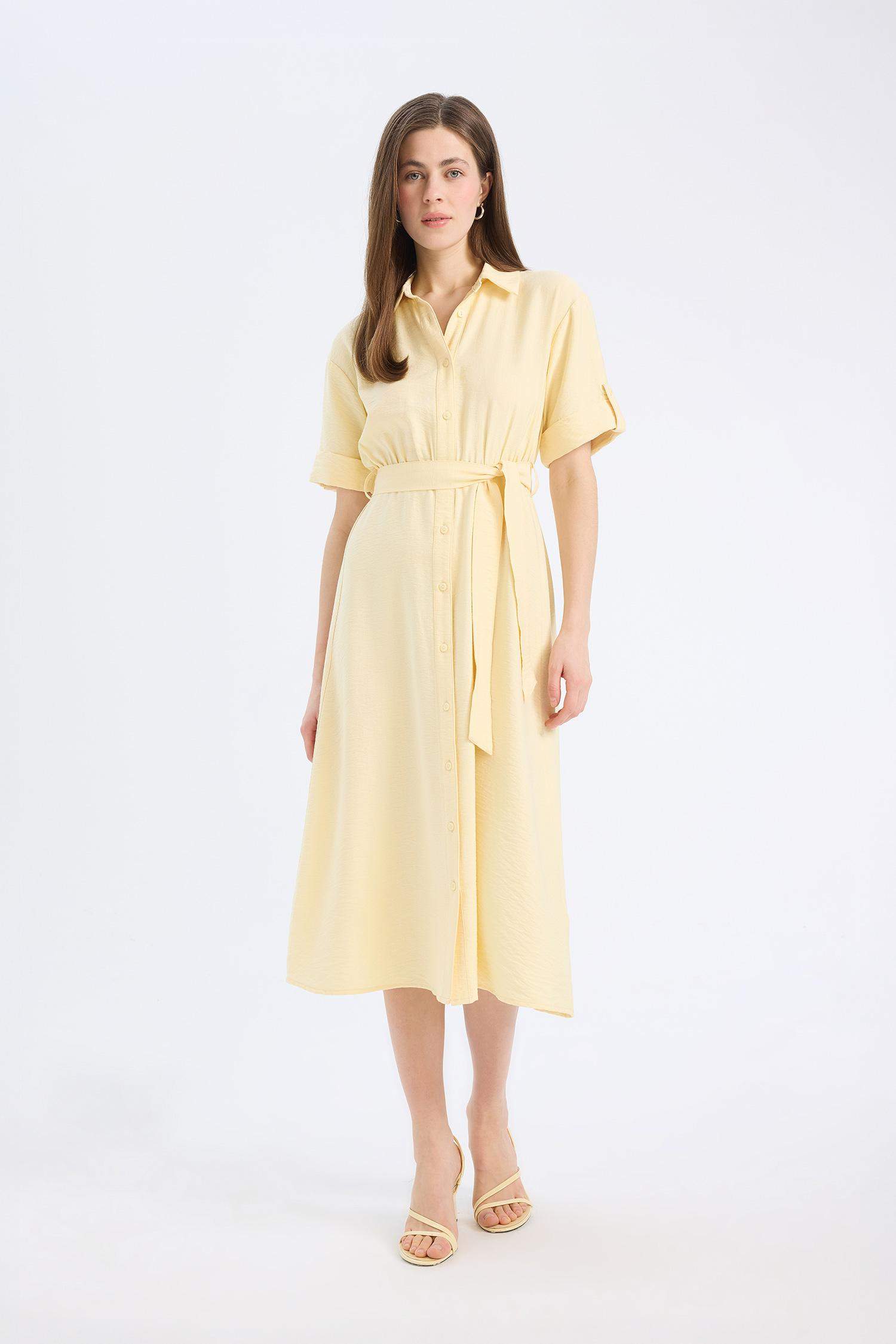 Рубашечный Воротник Короткий Рукав Миди Платье