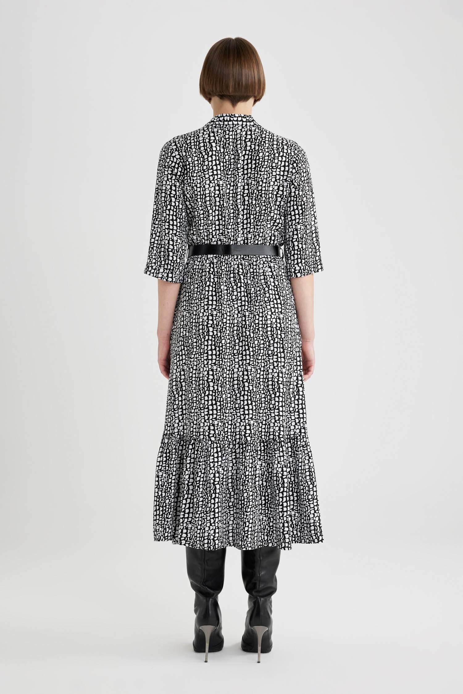 فستان ميدي نص كم بياقة قميص