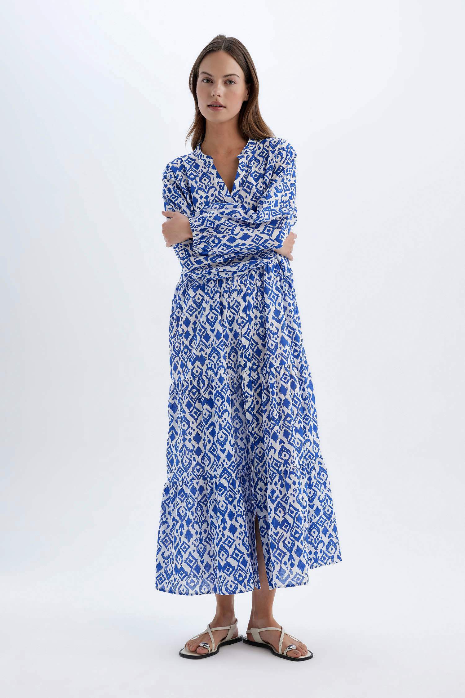 Desenli Uzun Kollu Maxi Plaj Elbisesi-Fall in Love