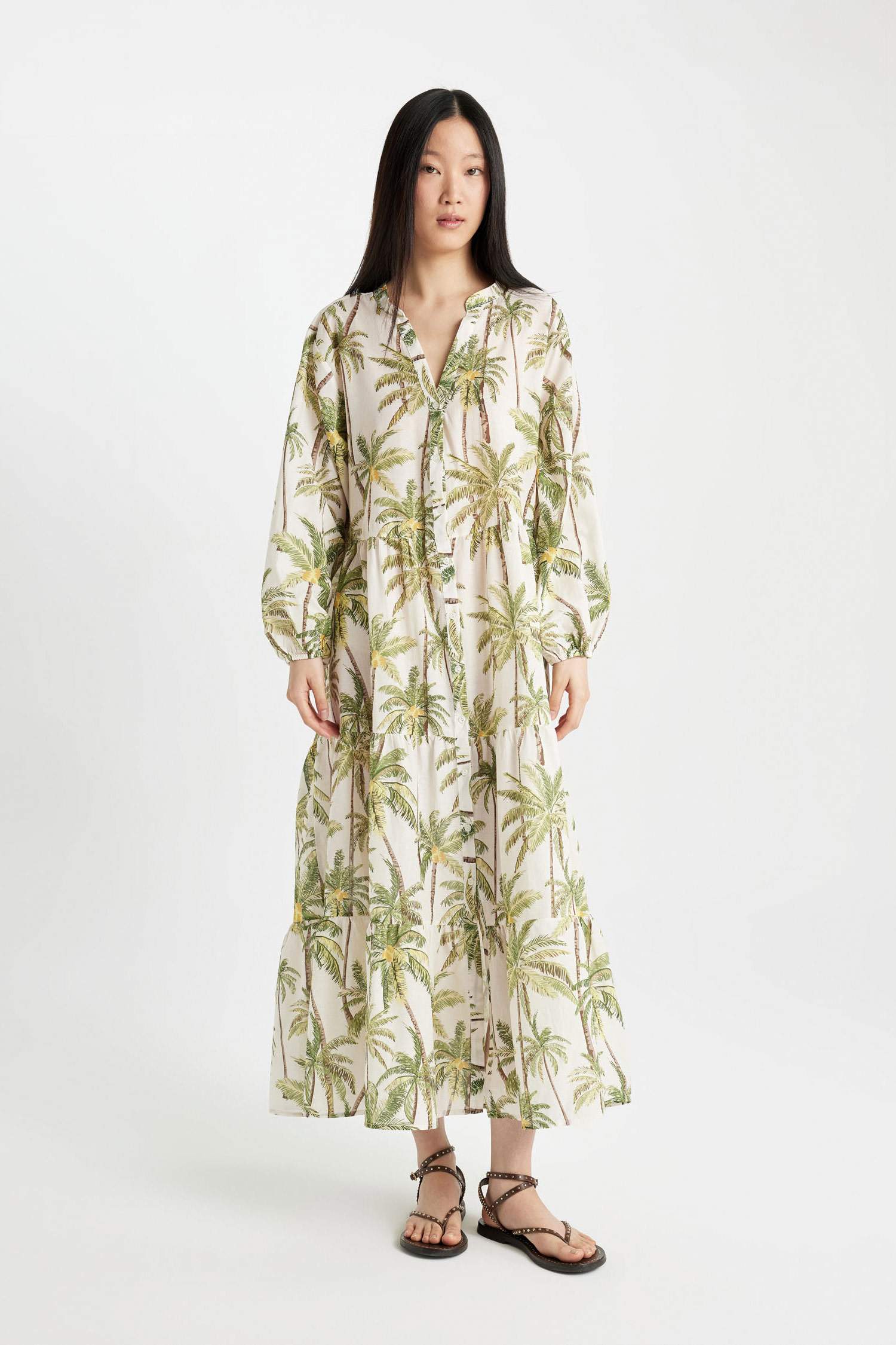 Patterned Long Sleeve Maxi Beach Dress