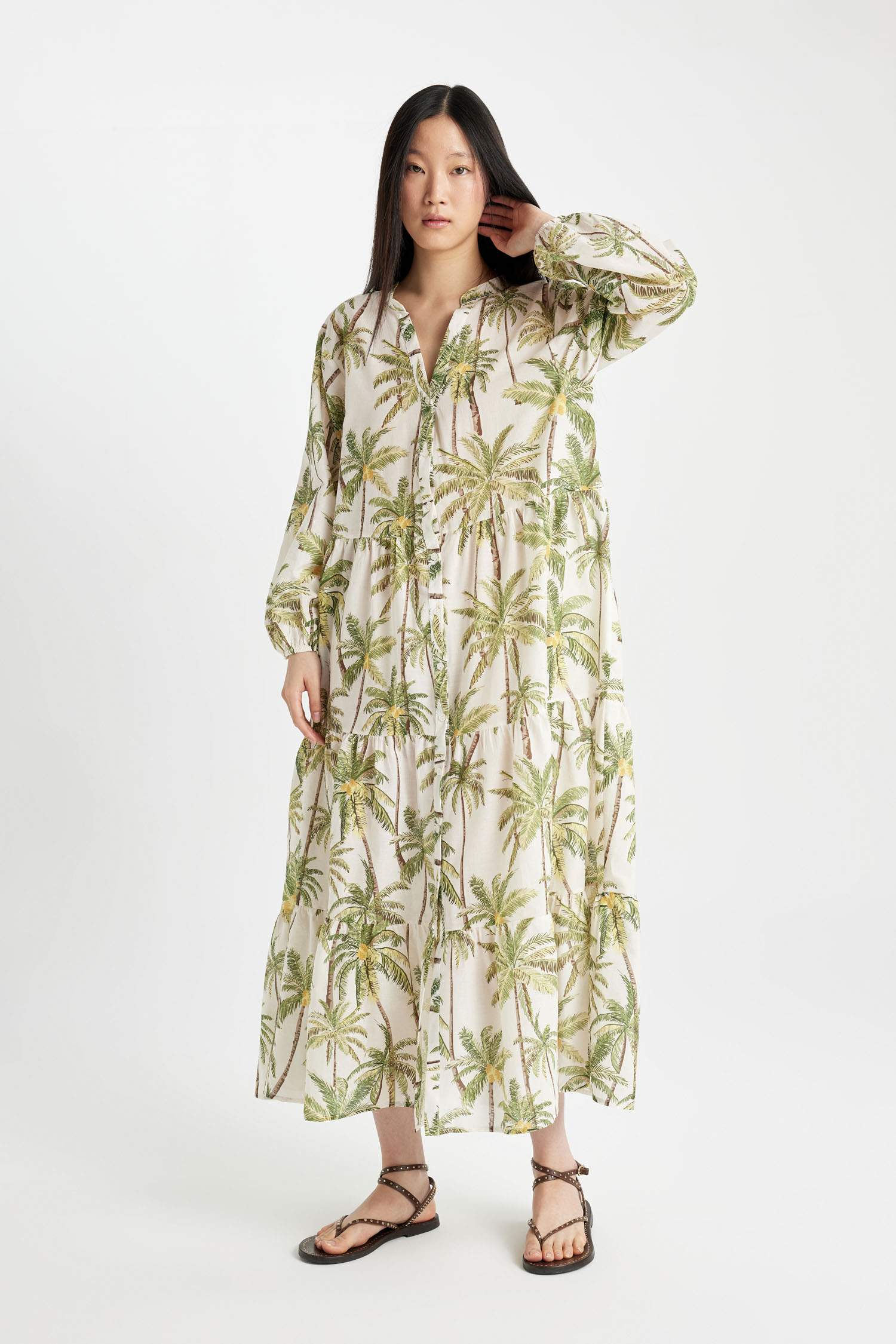 Patterned Long Sleeve Maxi Beach Dress