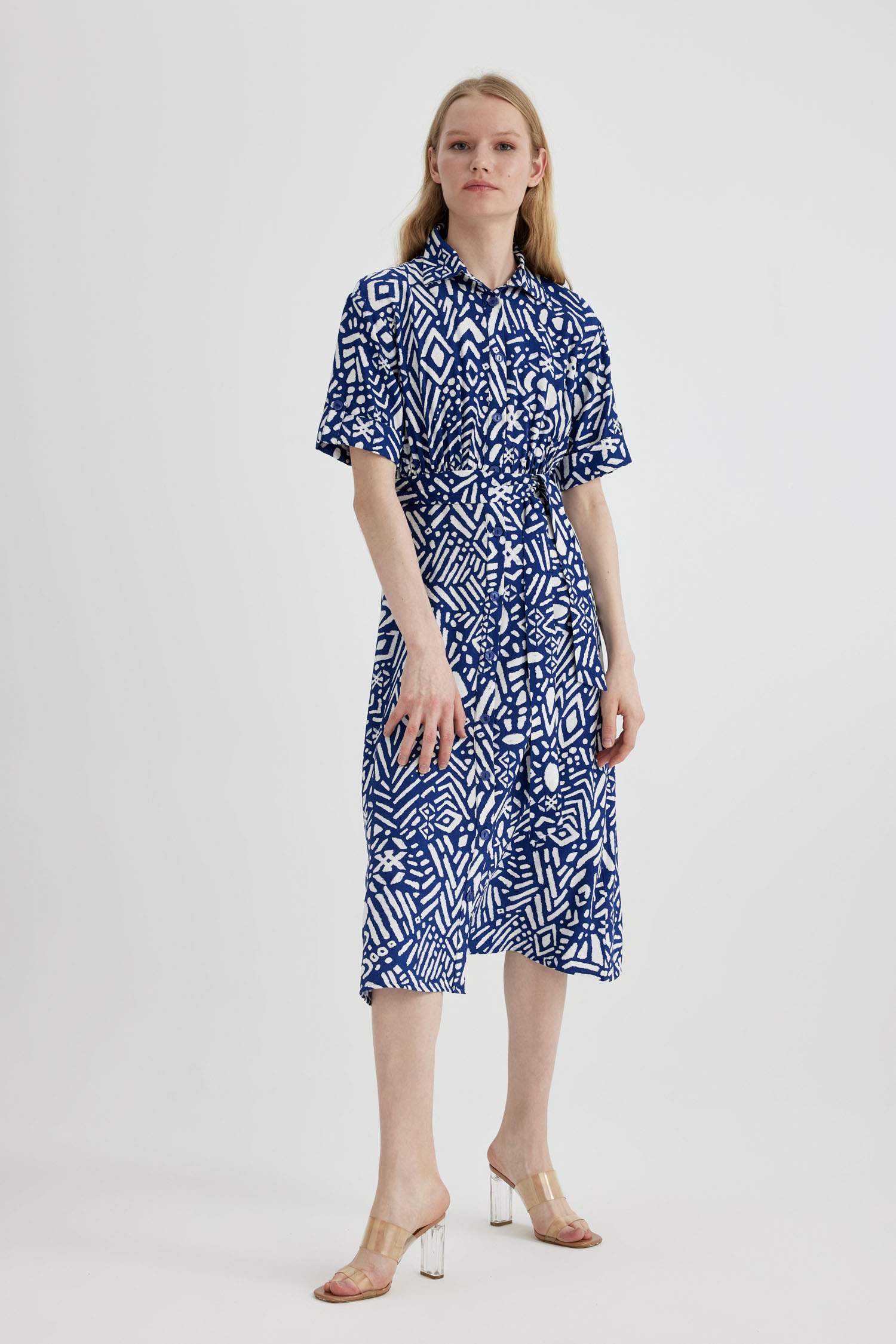 Shirt Collar Printed Short Sleeve Midi Dress