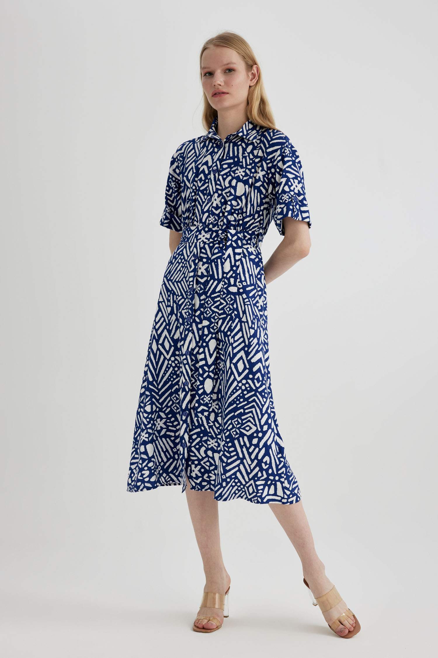 Shirt Collar Printed Short Sleeve Midi Dress