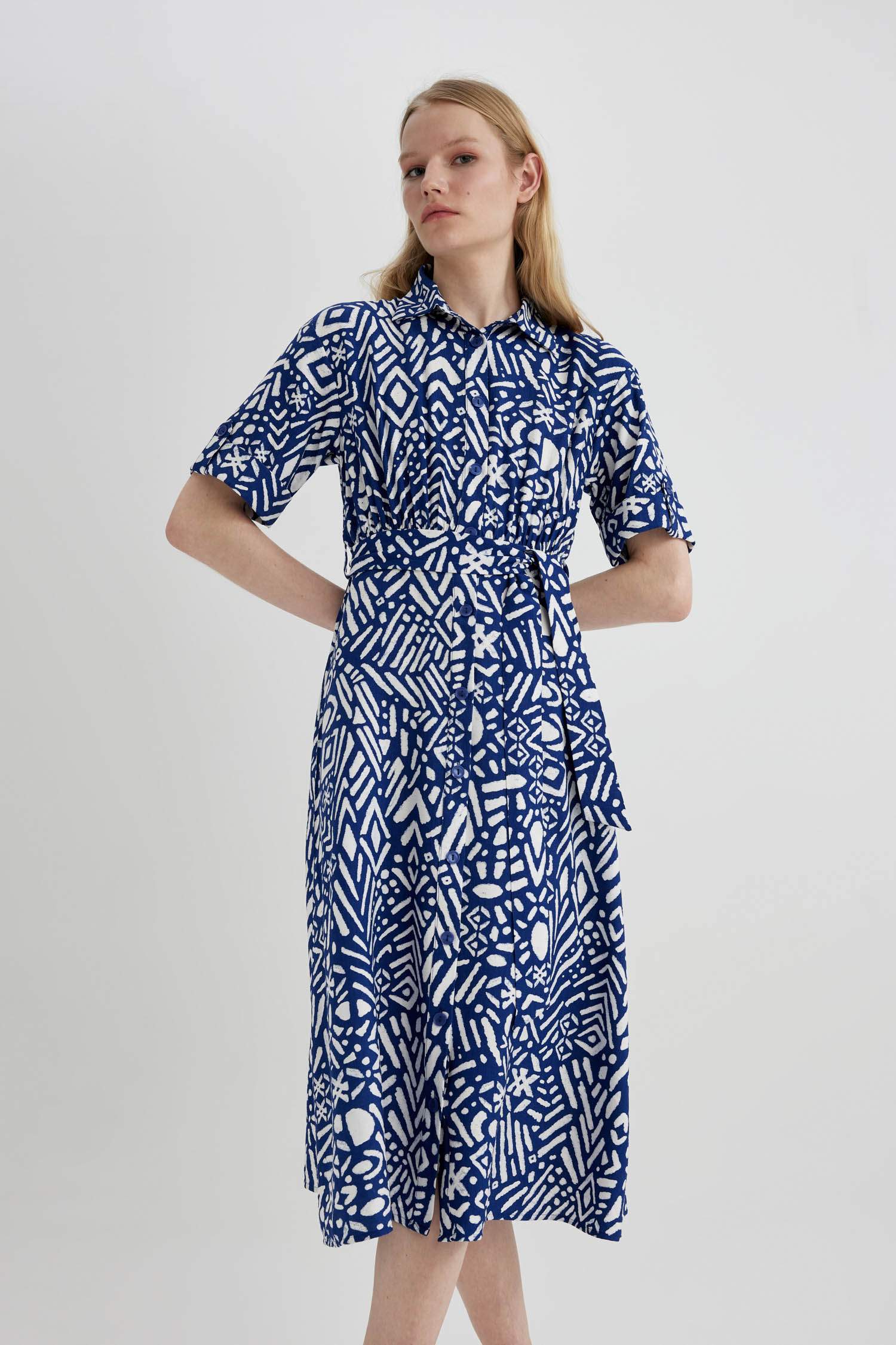 Shirt Collar Printed Short Sleeve Midi Dress
