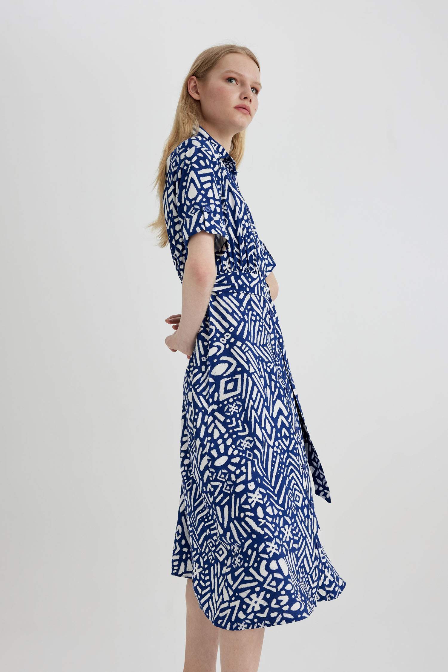 Shirt Collar Printed Short Sleeve Midi Dress