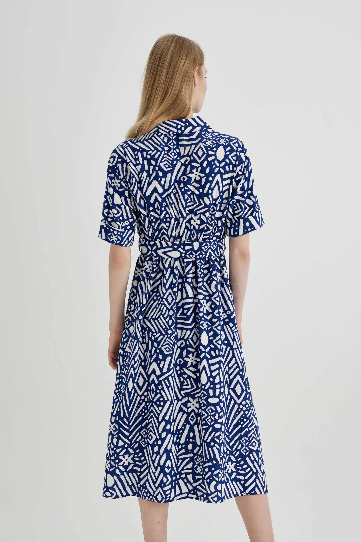 Shirt Collar Printed Short Sleeve Midi Dress