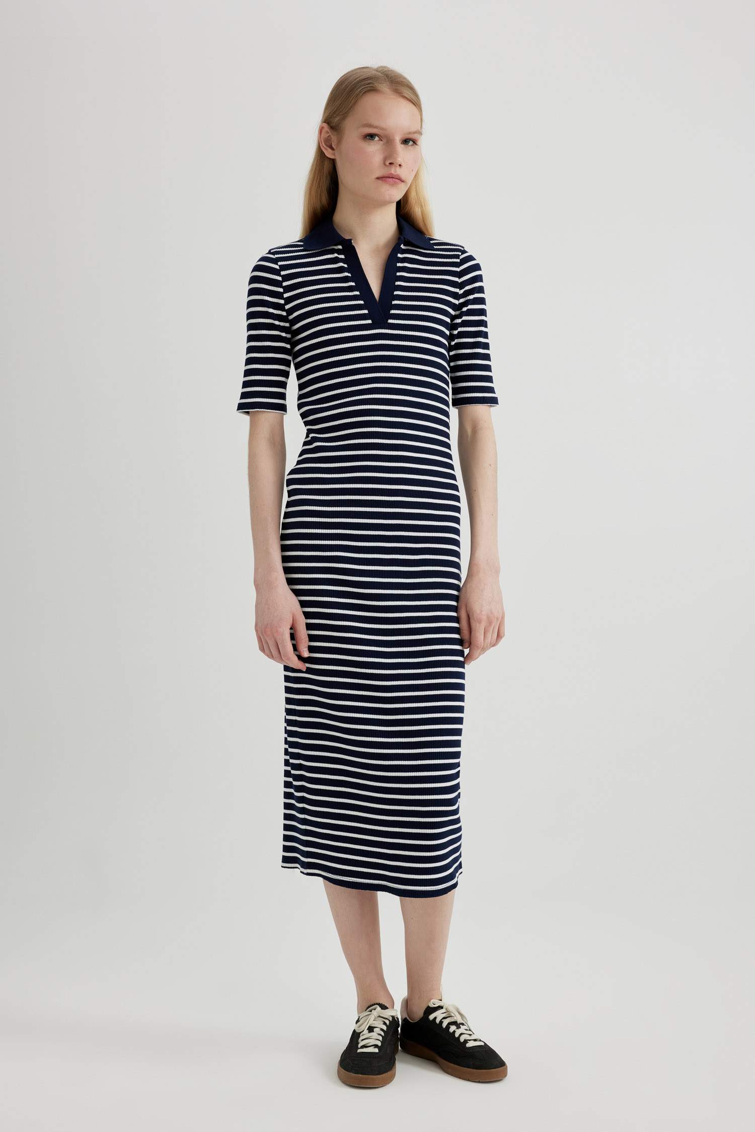 Bodycon Polo Neck Striped Ribbed Camisole Midi Dress