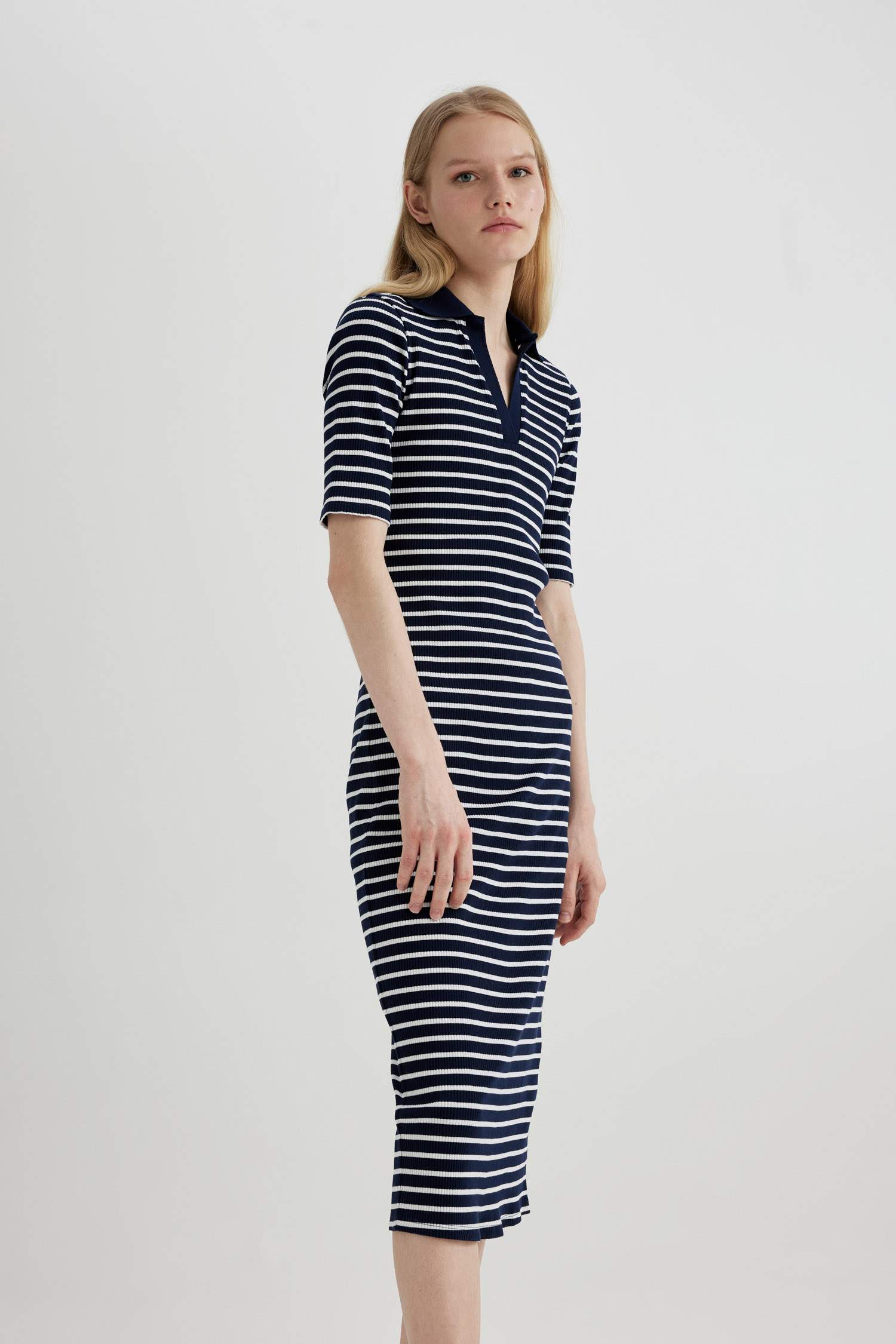 Bodycon Polo Neck Striped Ribbed Camisole Midi Dress