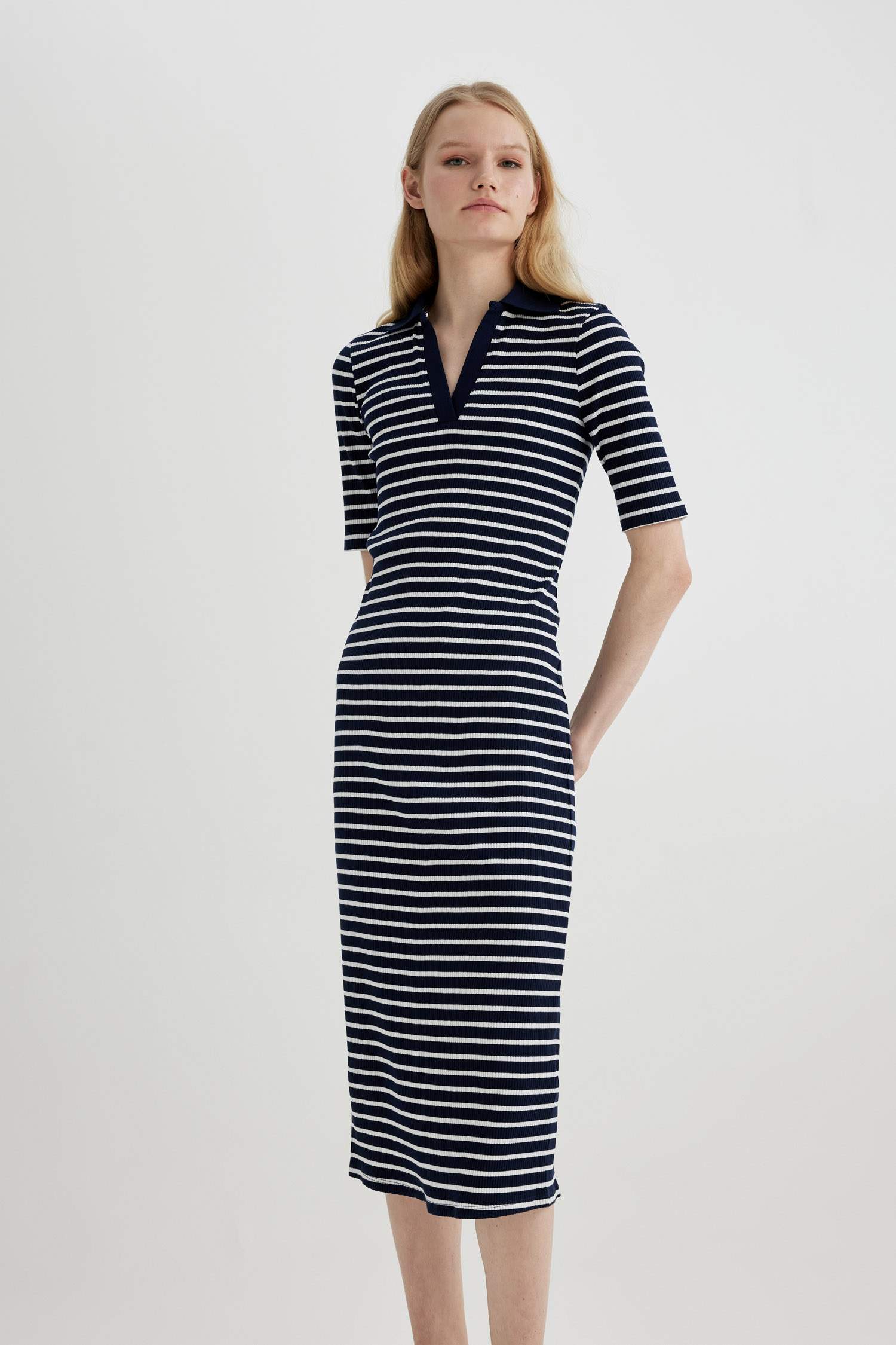 Bodycon Polo Neck Striped Ribbed Camisole Midi Dress