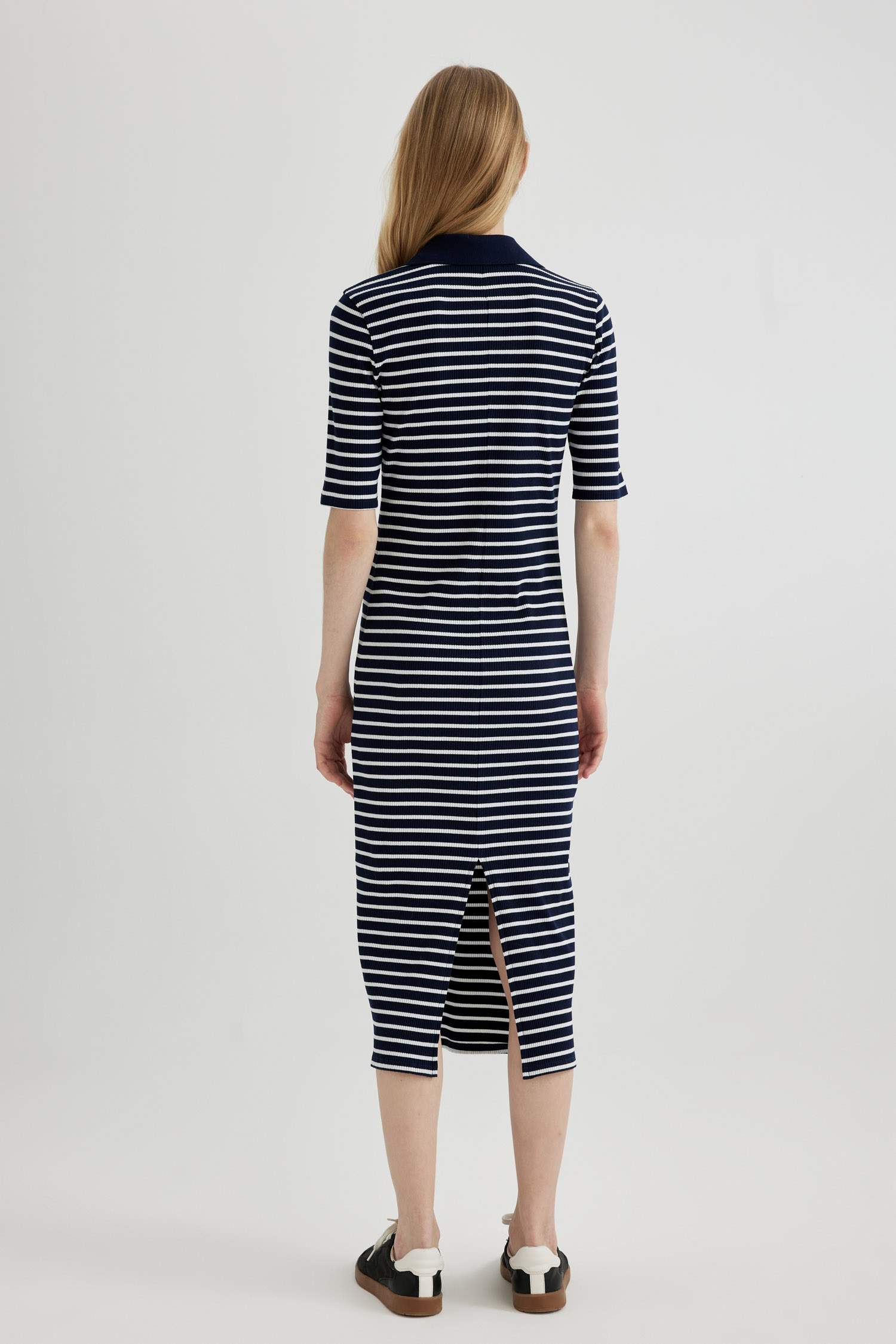 Bodycon Polo Neck Striped Ribbed Camisole Midi Dress