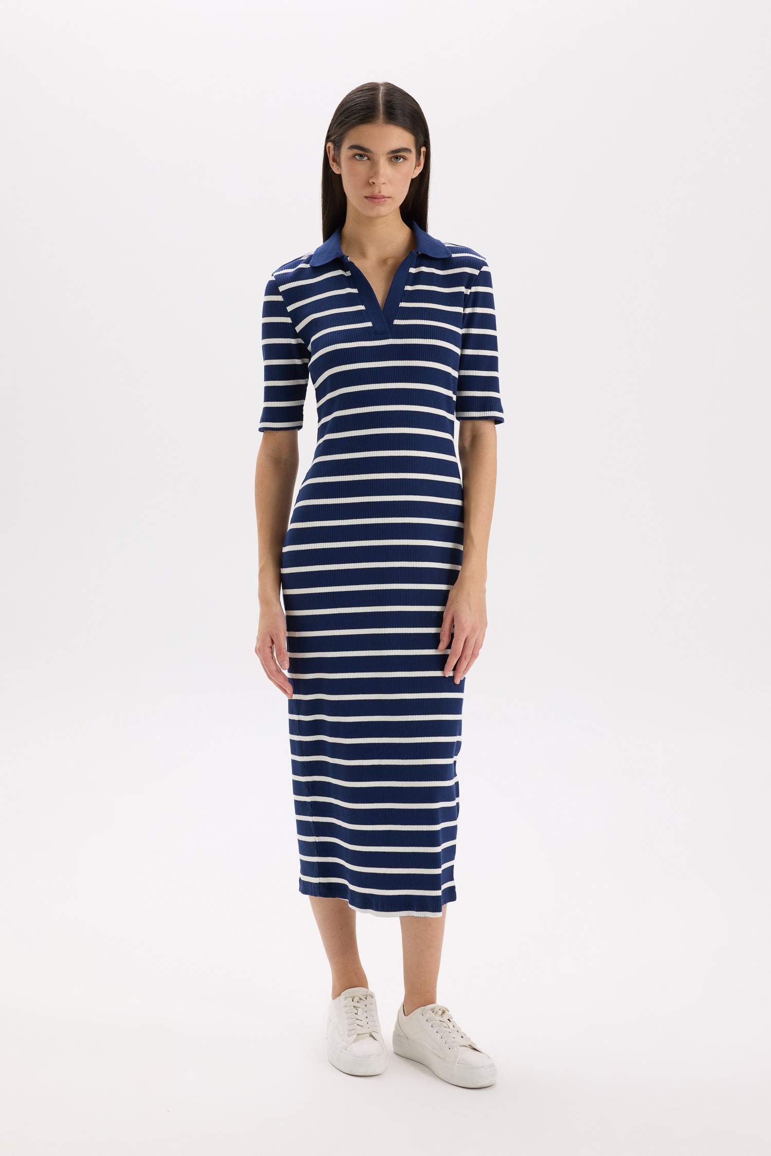 Bodycon Polo Collar Striped Camisole Midi Dress
