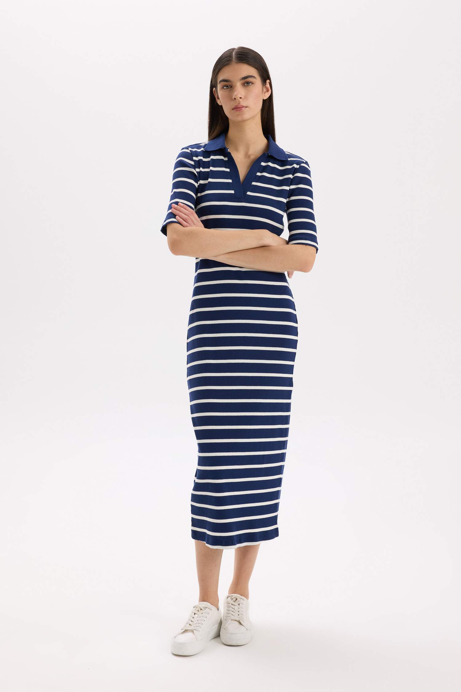 Bodycon Polo Collar Striped Camisole Midi Dress