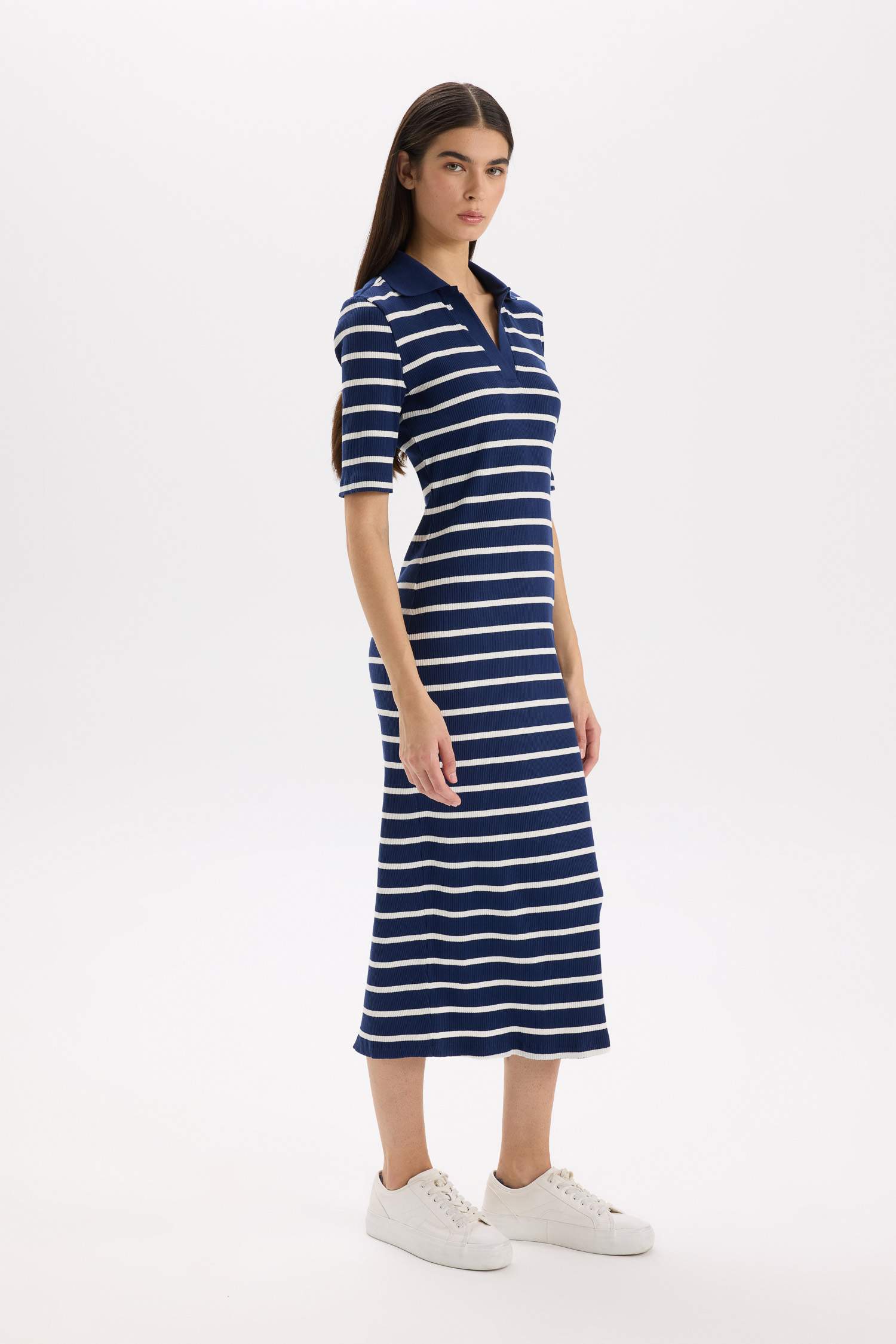 Bodycon Polo Collar Striped Camisole Midi Dress