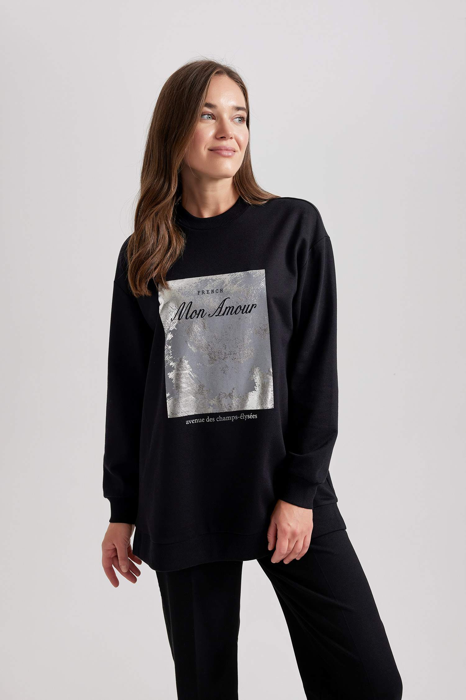 Regular Fit Crew Neck Embroidered Soft Furry Thin Sweatshirt