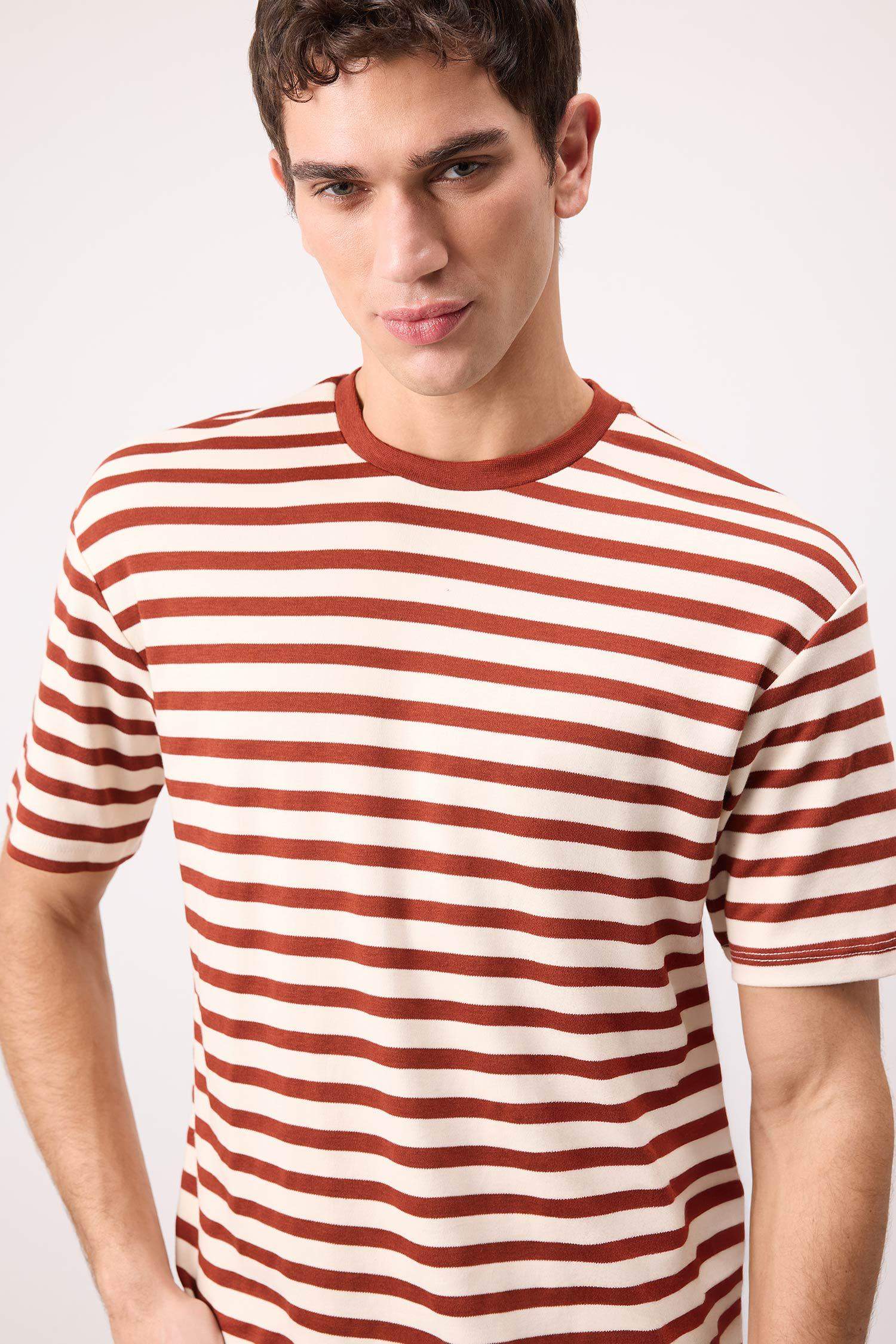 Boxy Fit Crew Neck Striped Short Sleeve T-Shirt