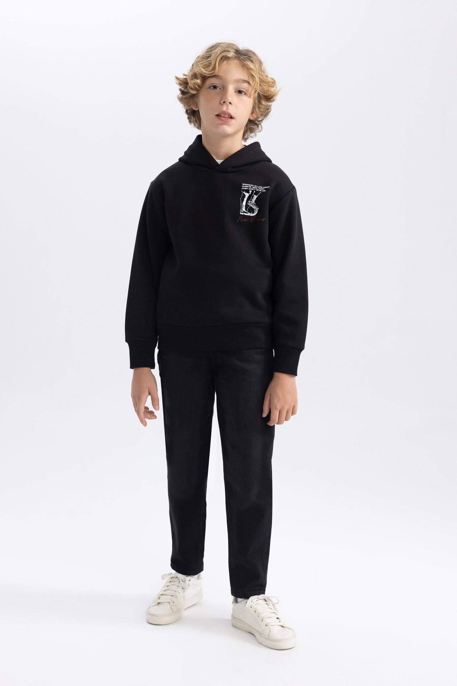 Erkek Çocuk Kapüşonlu Baskılı Kalın Sweatshirt