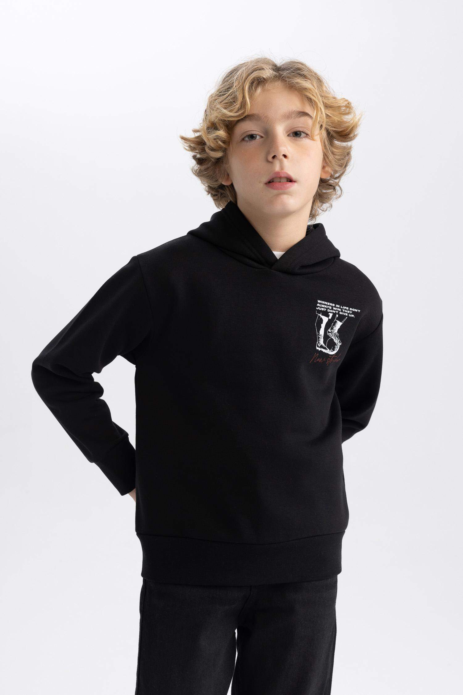 Erkek Çocuk Kapüşonlu Baskılı Kalın Sweatshirt