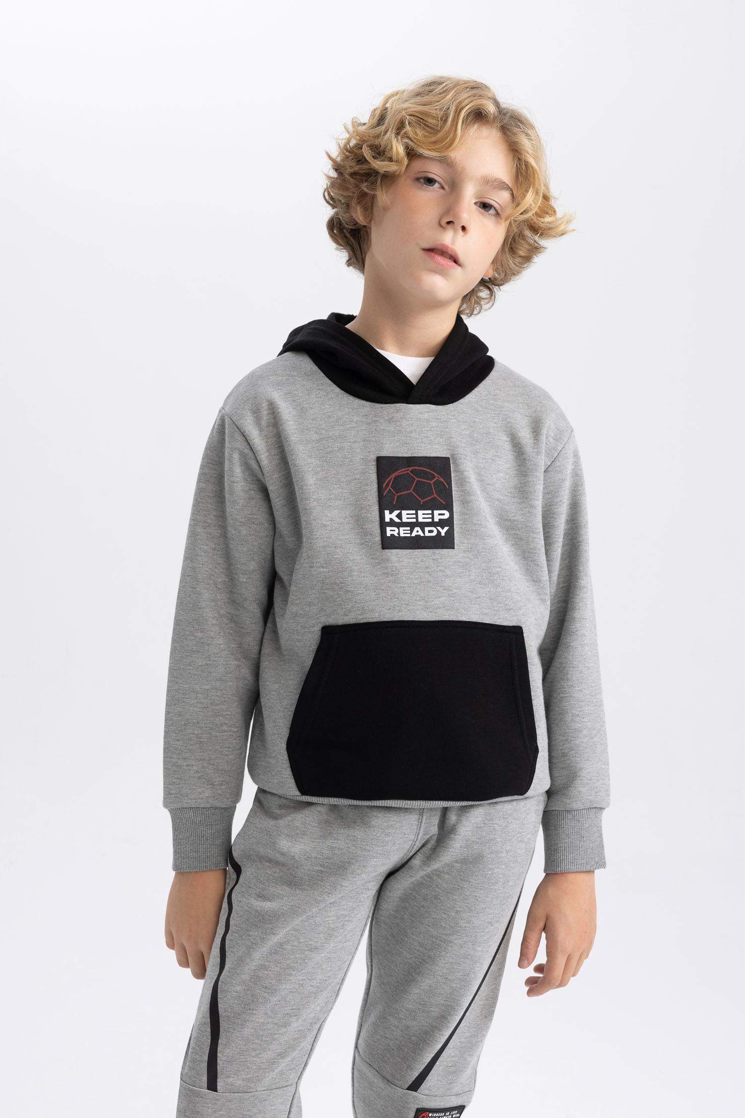 Erkek Çocuk Baskılı Kapüşonlu Kalın Sweatshirt