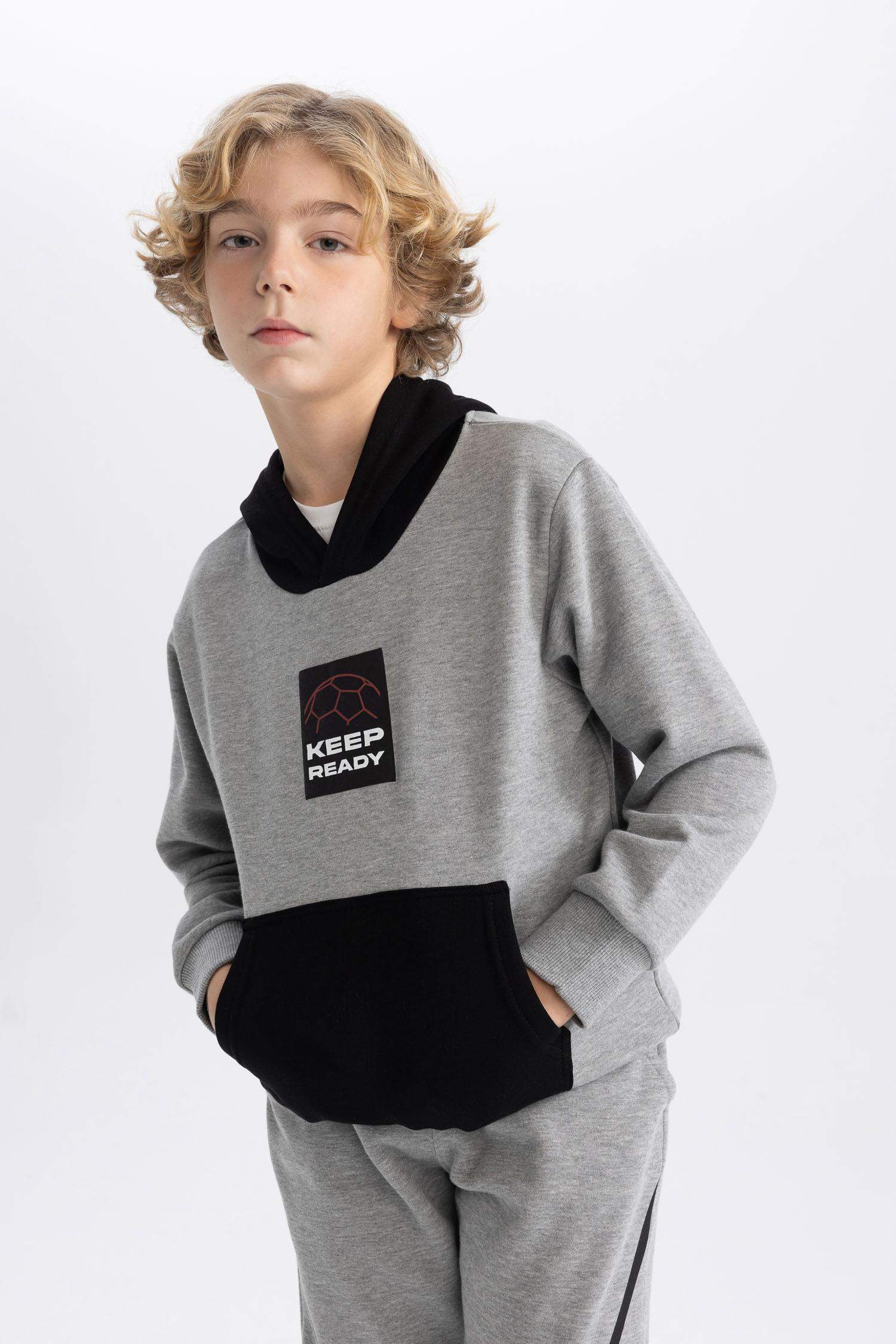 Erkek Çocuk Baskılı Kapüşonlu Kalın Sweatshirt