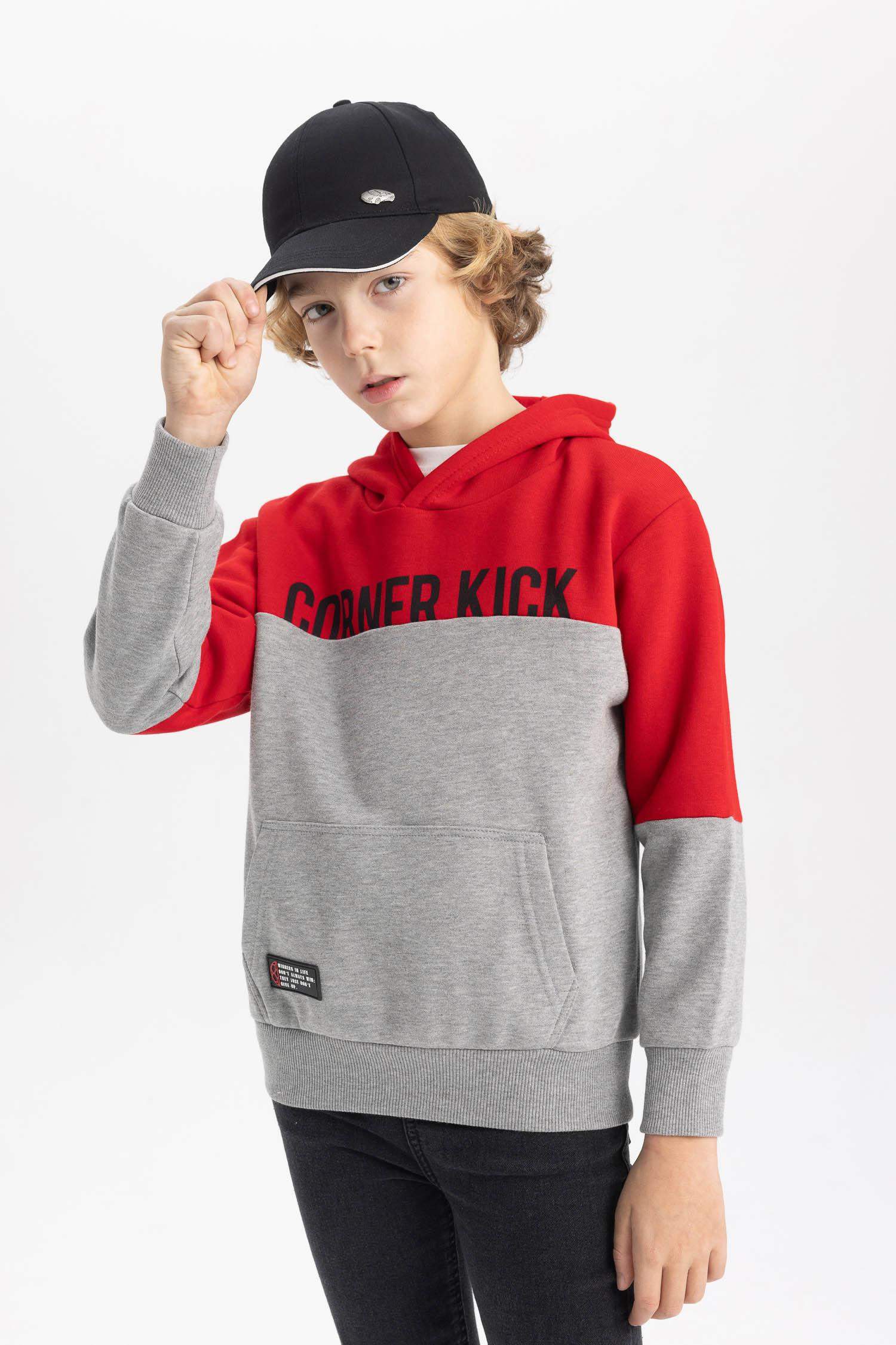 Erkek Çocuk Kapüşonlu Baskılı Kalın Sweatshirt