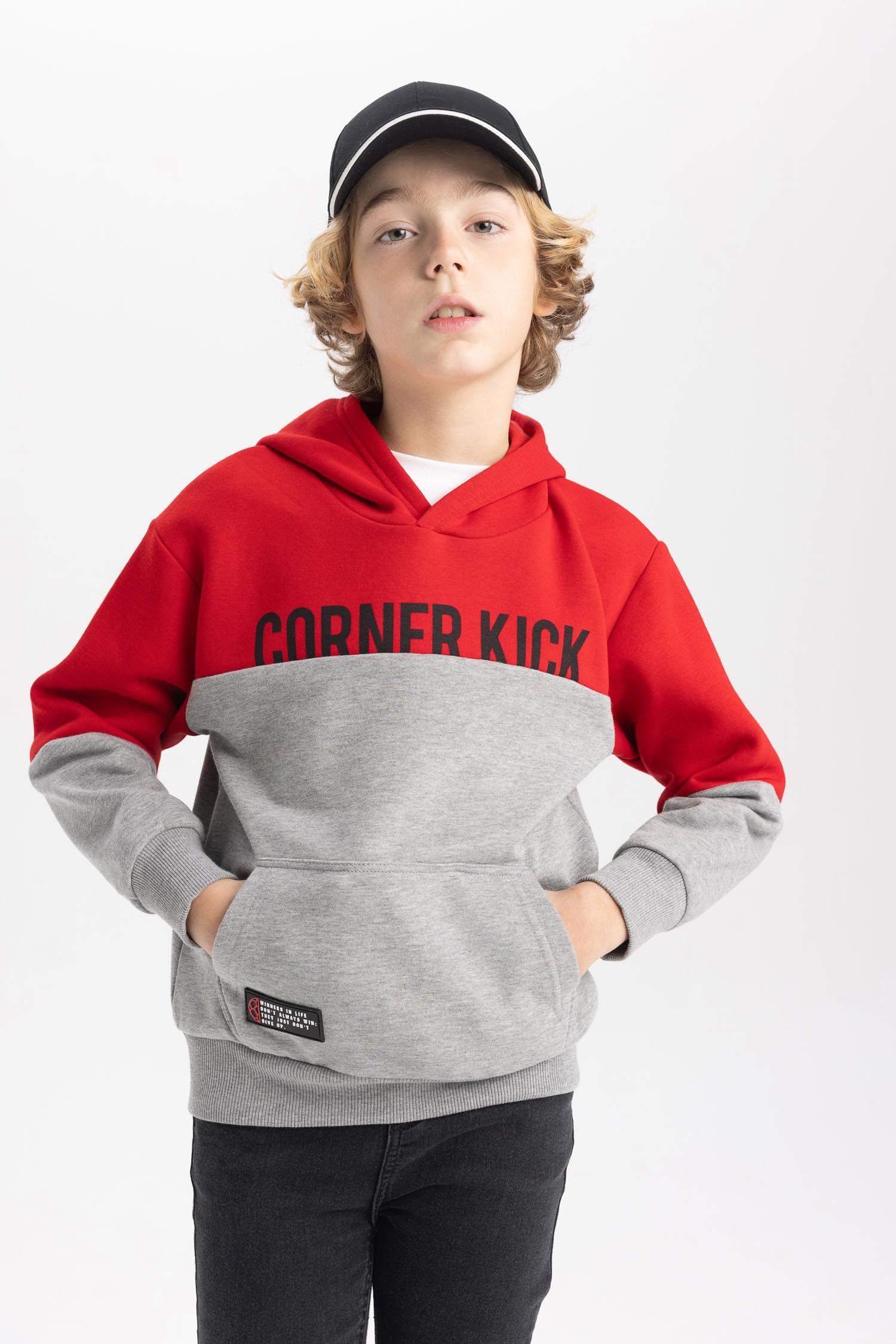 Erkek Çocuk Kapüşonlu Baskılı Kalın Sweatshirt