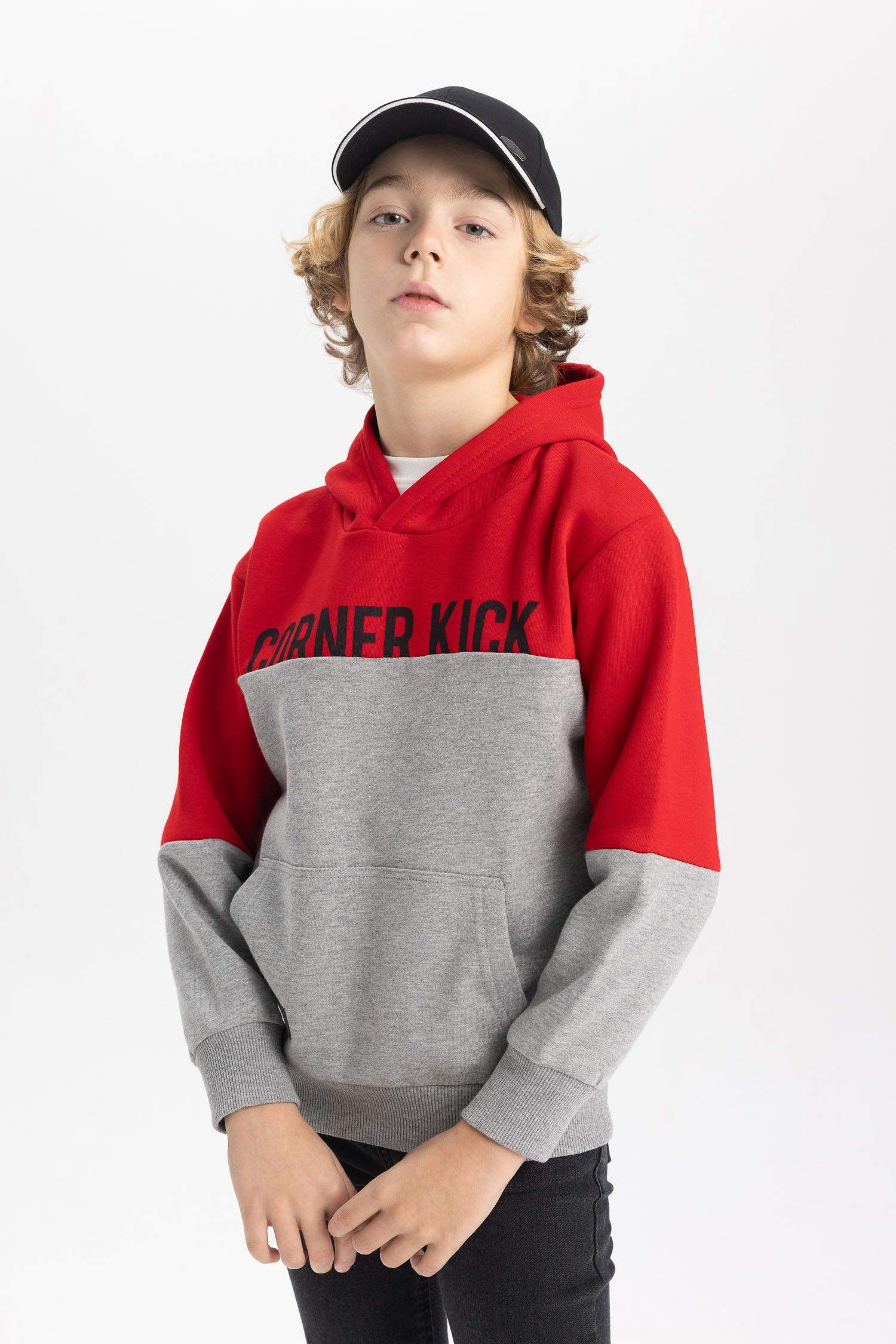 Erkek Çocuk Kapüşonlu Baskılı Kalın Sweatshirt