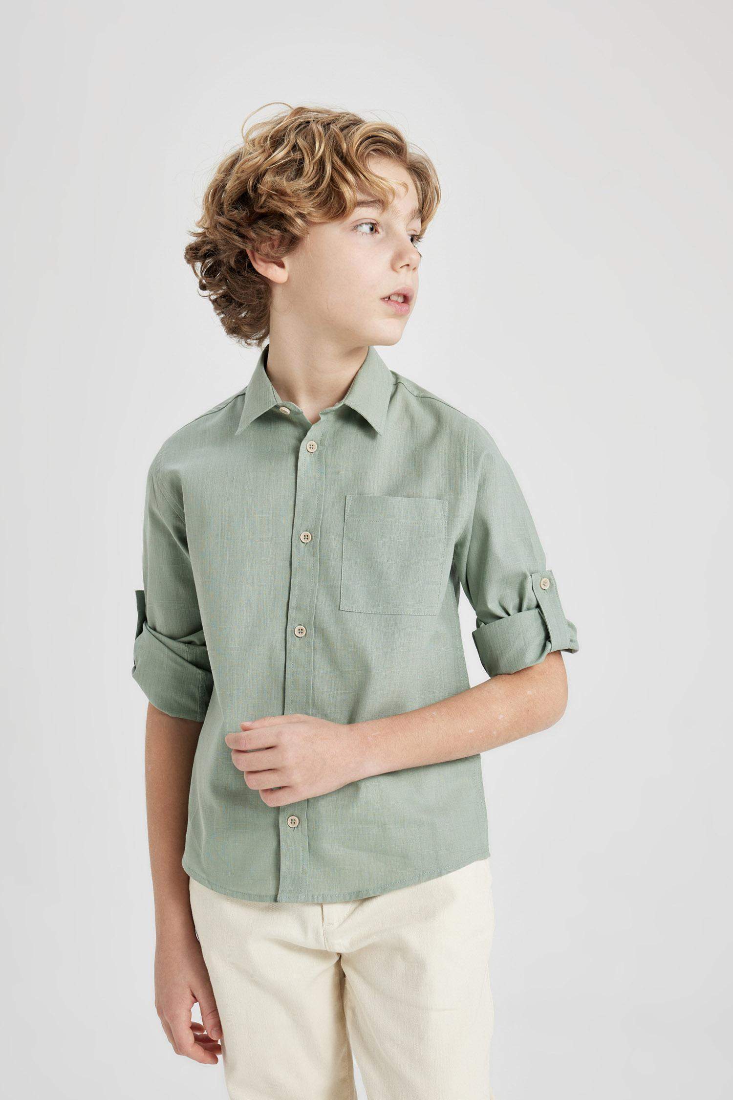 Erkek Çocuk Polo Yaka Uzun Kollu Basic Düz Gömlek