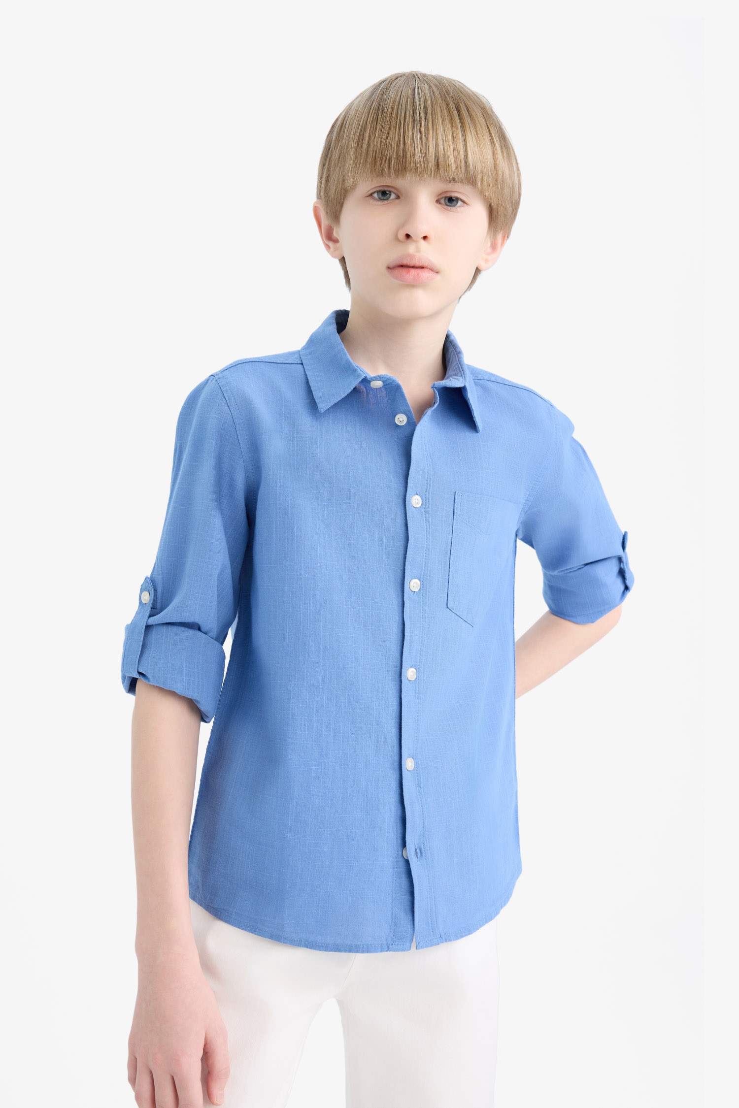 قميص كم طويل ذو مظهر كتاني قصة عادية بياقة بولو