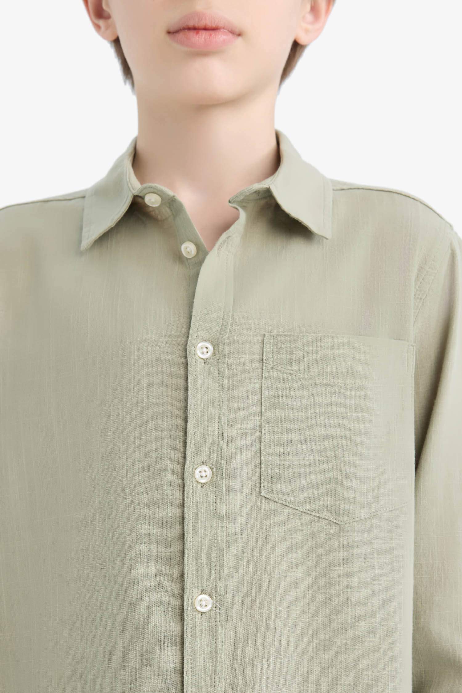 Erkek Çocuk Polo Yaka Keten Görünümlü Uzun Kollu Gömlek