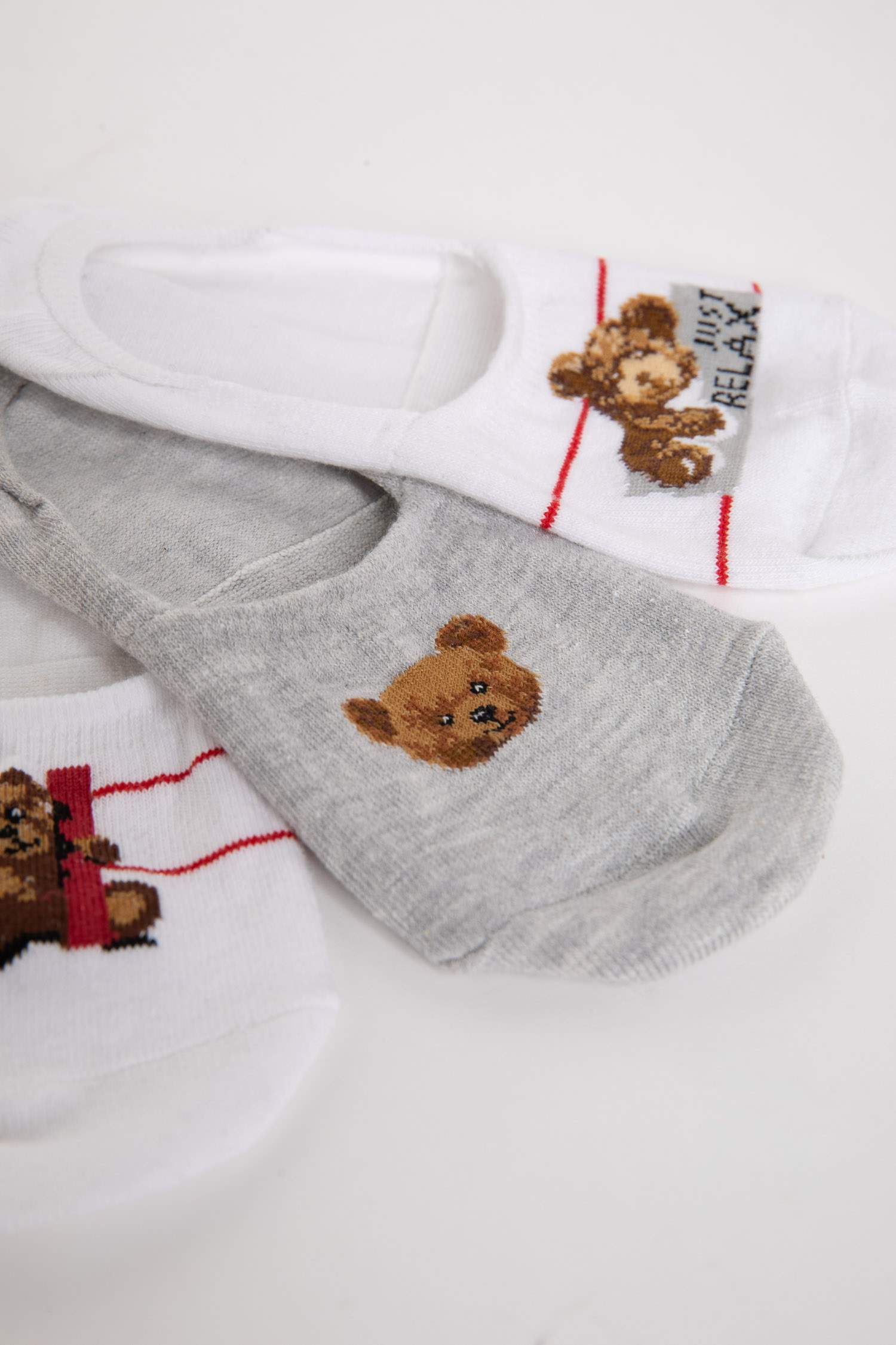 جوارب فلات قطن نسائي بطبعة دب - 3 قطع