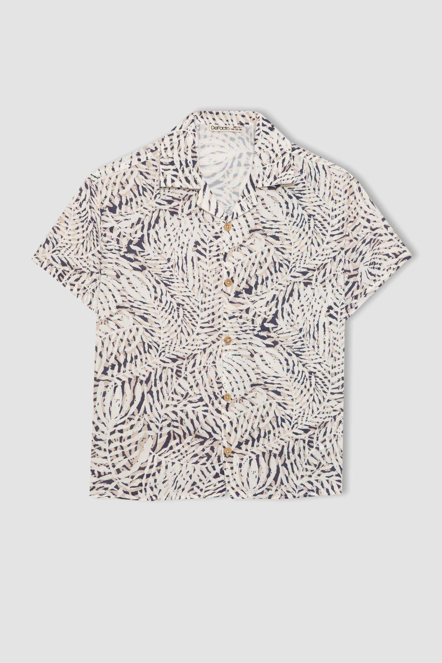 Erkek Çocuk Oversize Geniş Kalıp Polo Yaka Desenli Viskon Kısa Kollu Gömlek