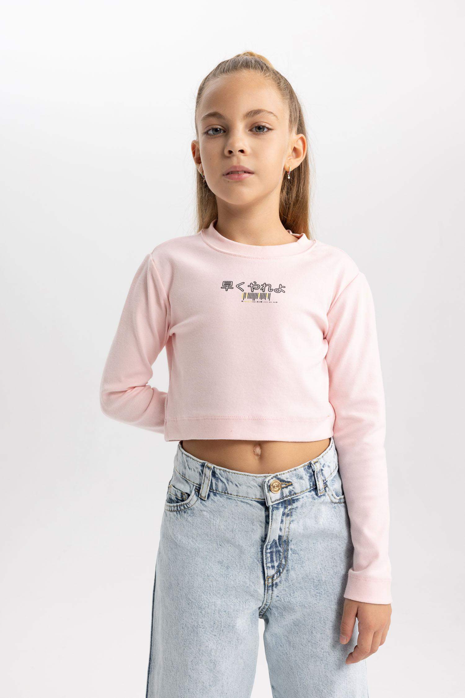 Girl Printed Crop Crew Neck T Shirt
