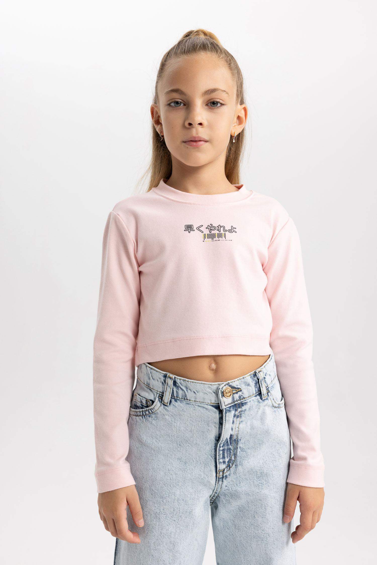 Girl Printed Crop Crew Neck T Shirt
