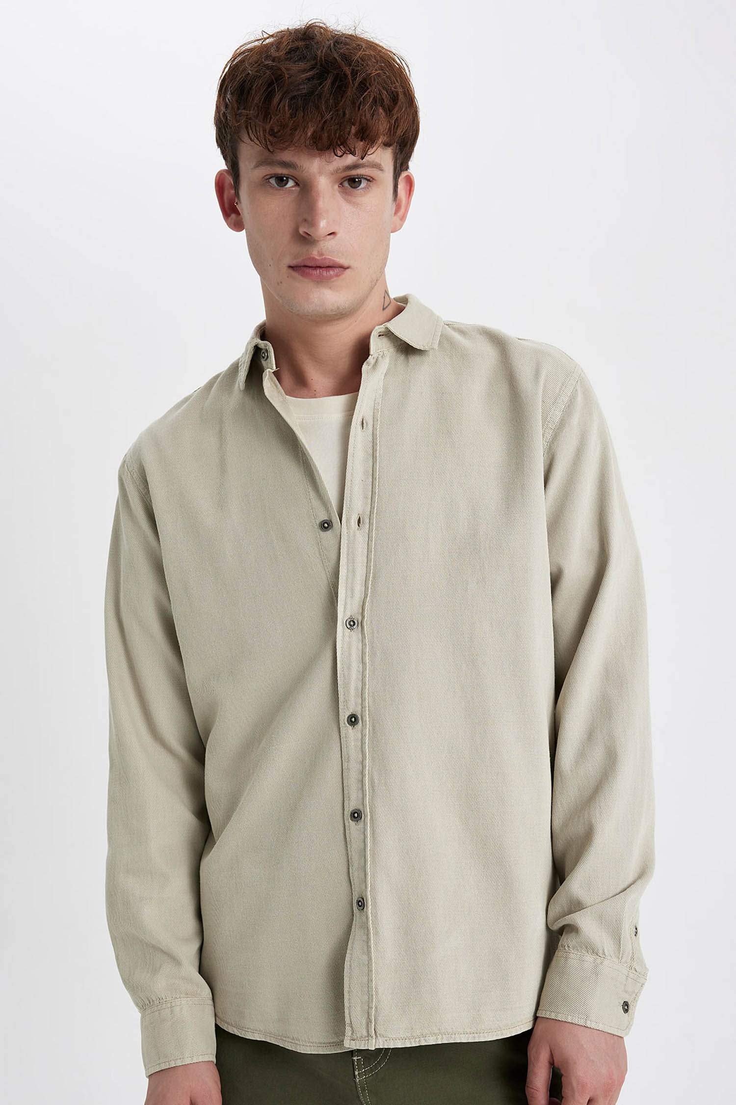 Regular Fit Tensel Uzun Kollu Basic Düz Gömlek