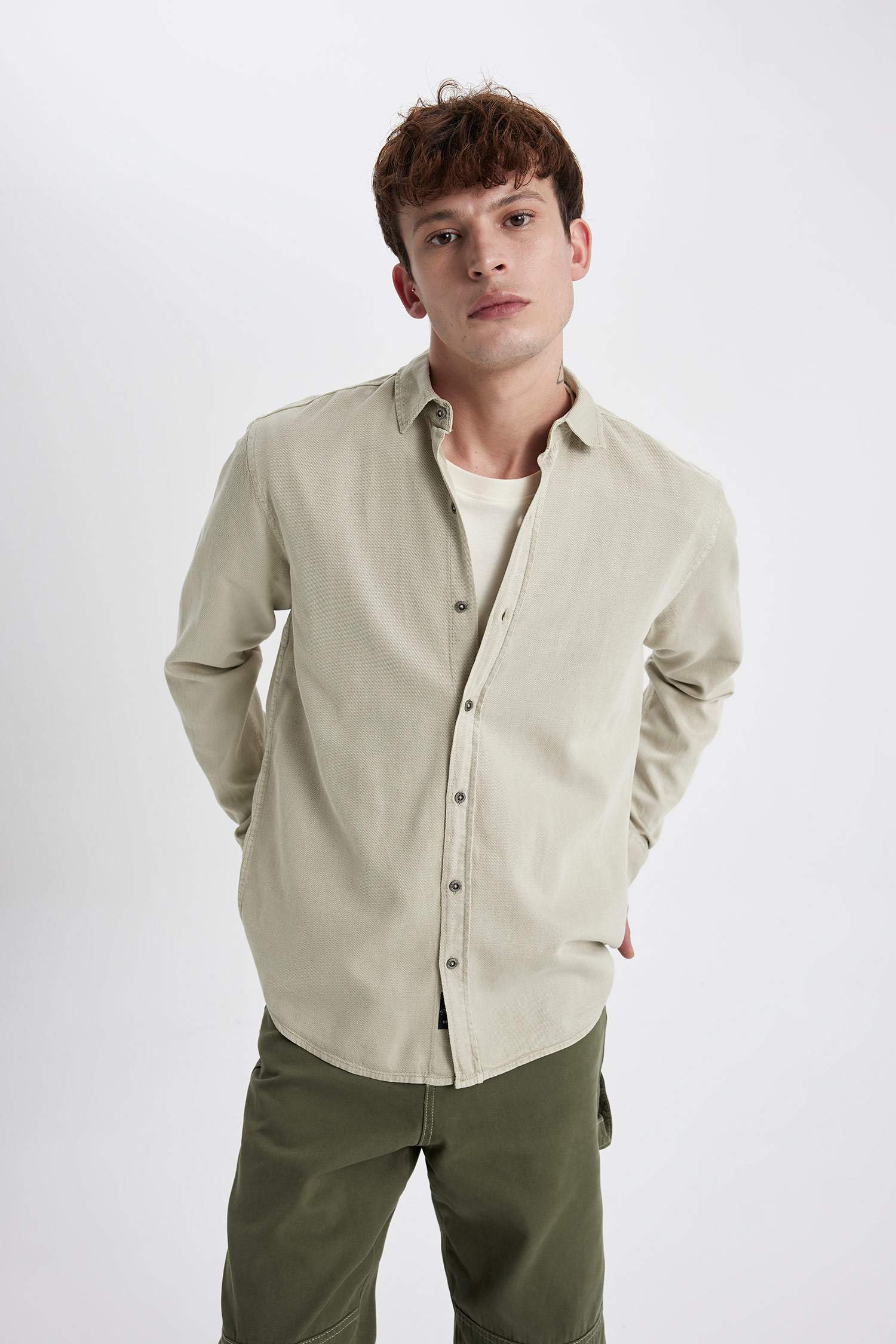 Regular Fit Tensel Uzun Kollu Basic Düz Gömlek