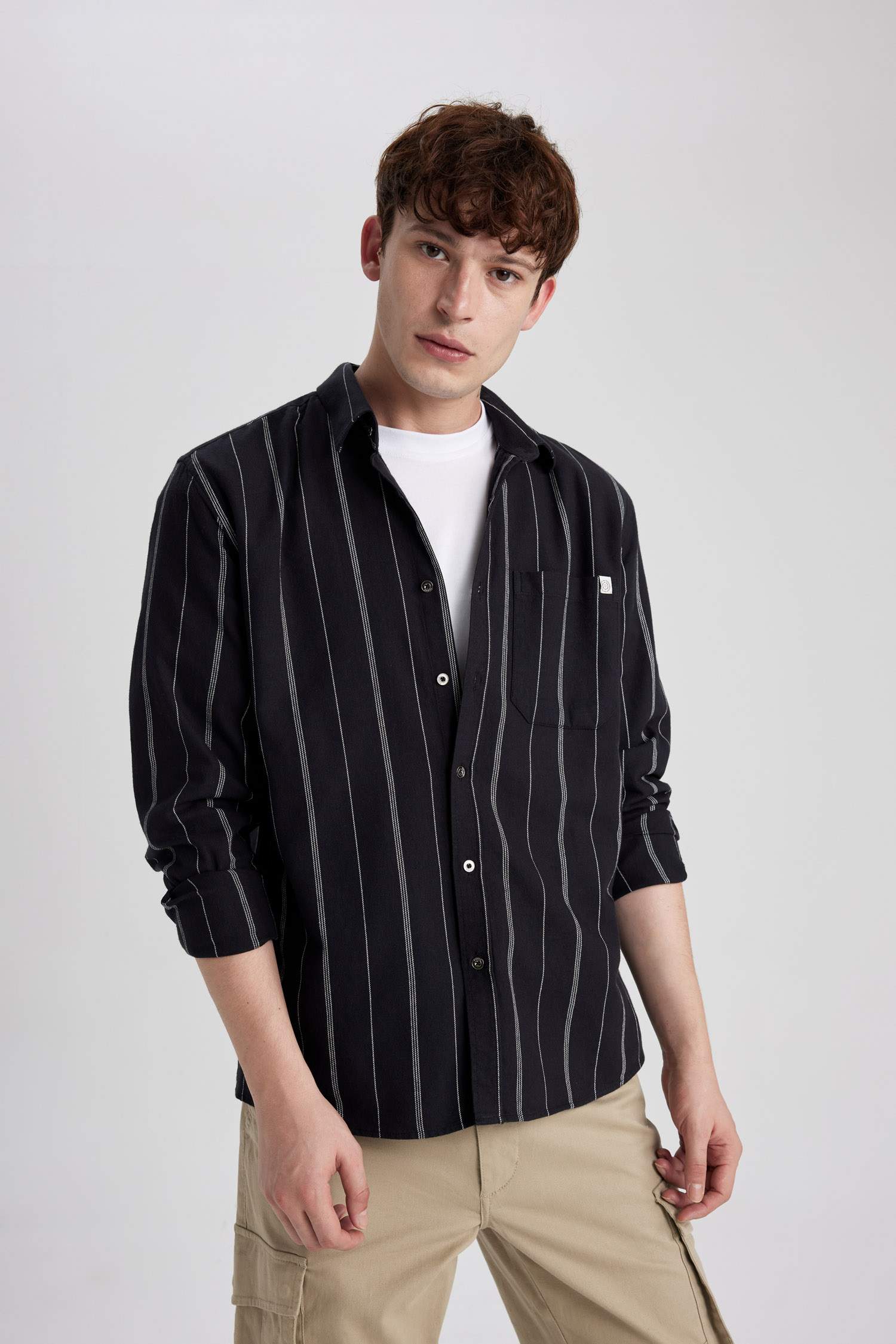 Regular Fit Çizgili Cepli Pamuklu Uzun Kollu Gömlek