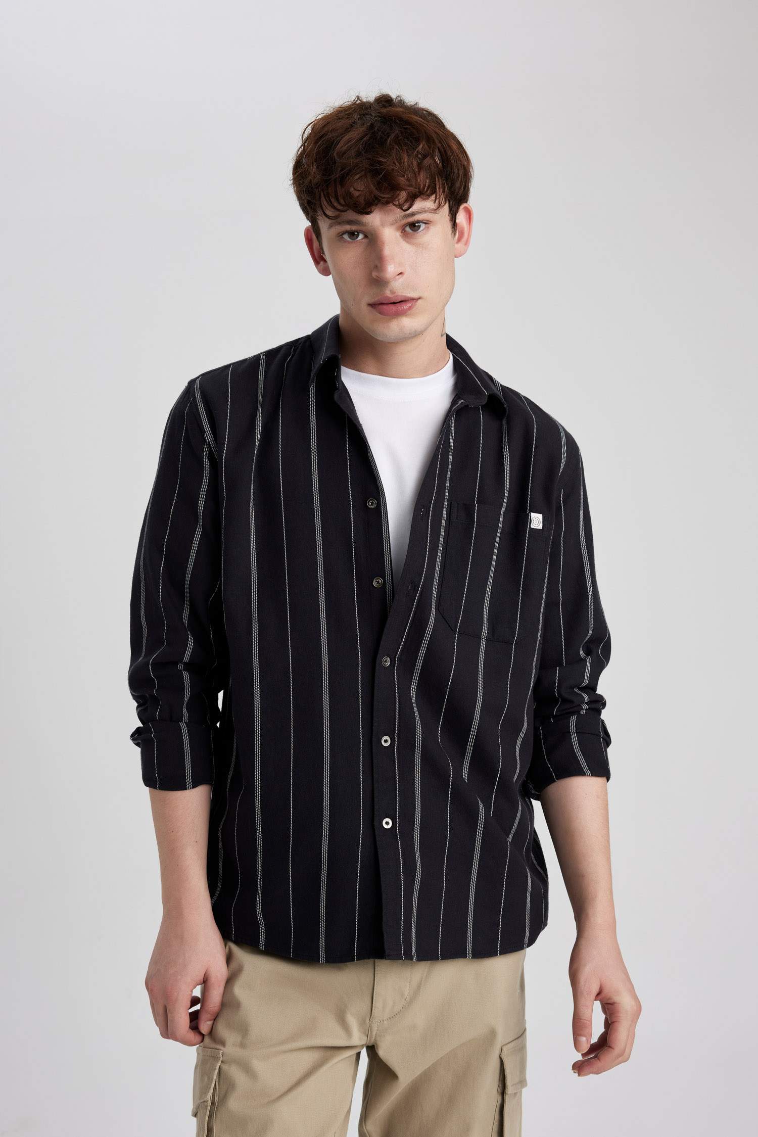 Regular Fit Çizgili Cepli Pamuklu Uzun Kollu Gömlek