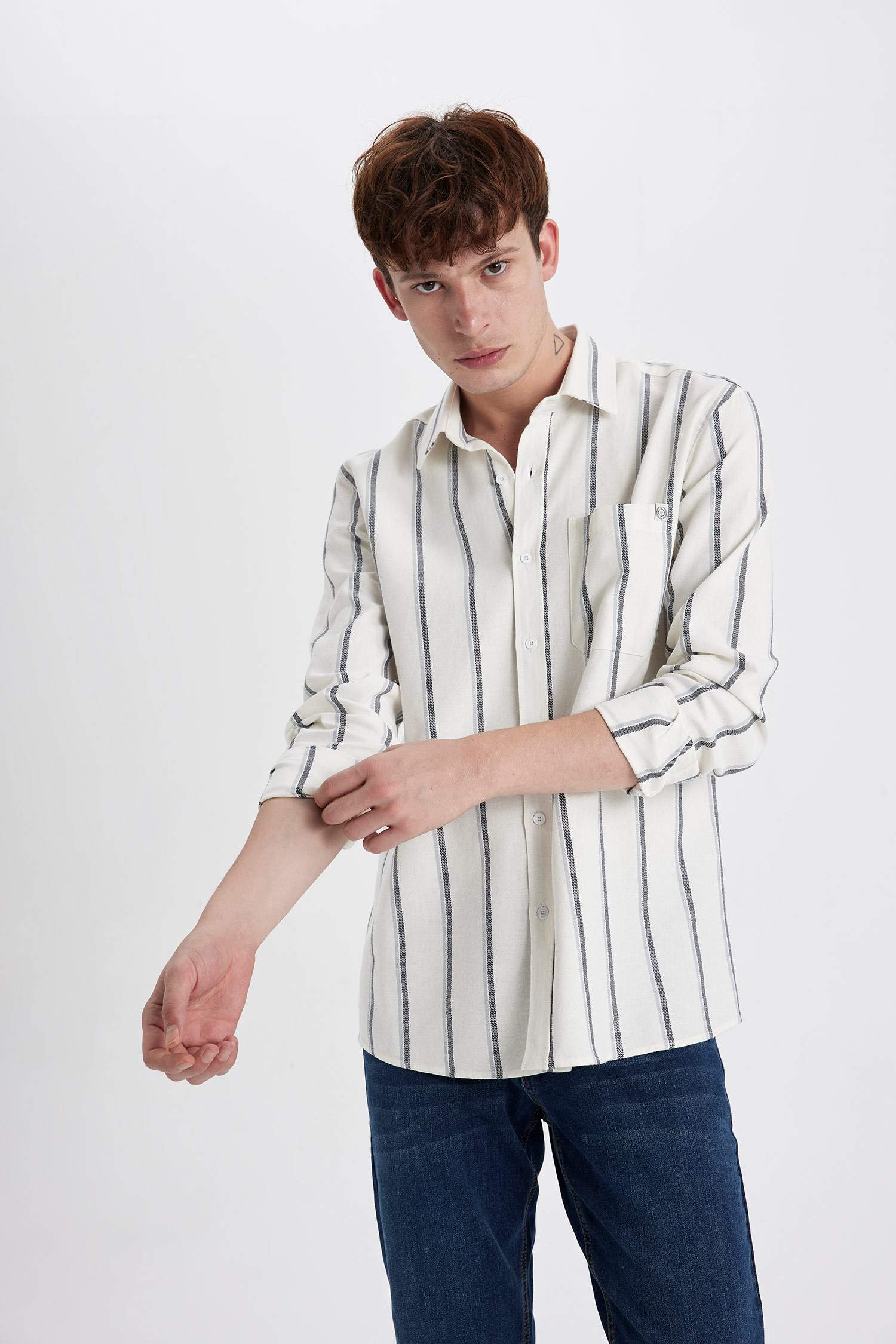 Regular Fit Çizgili Cep Detaylı Pamuklu Uzun Kollu Gömlek