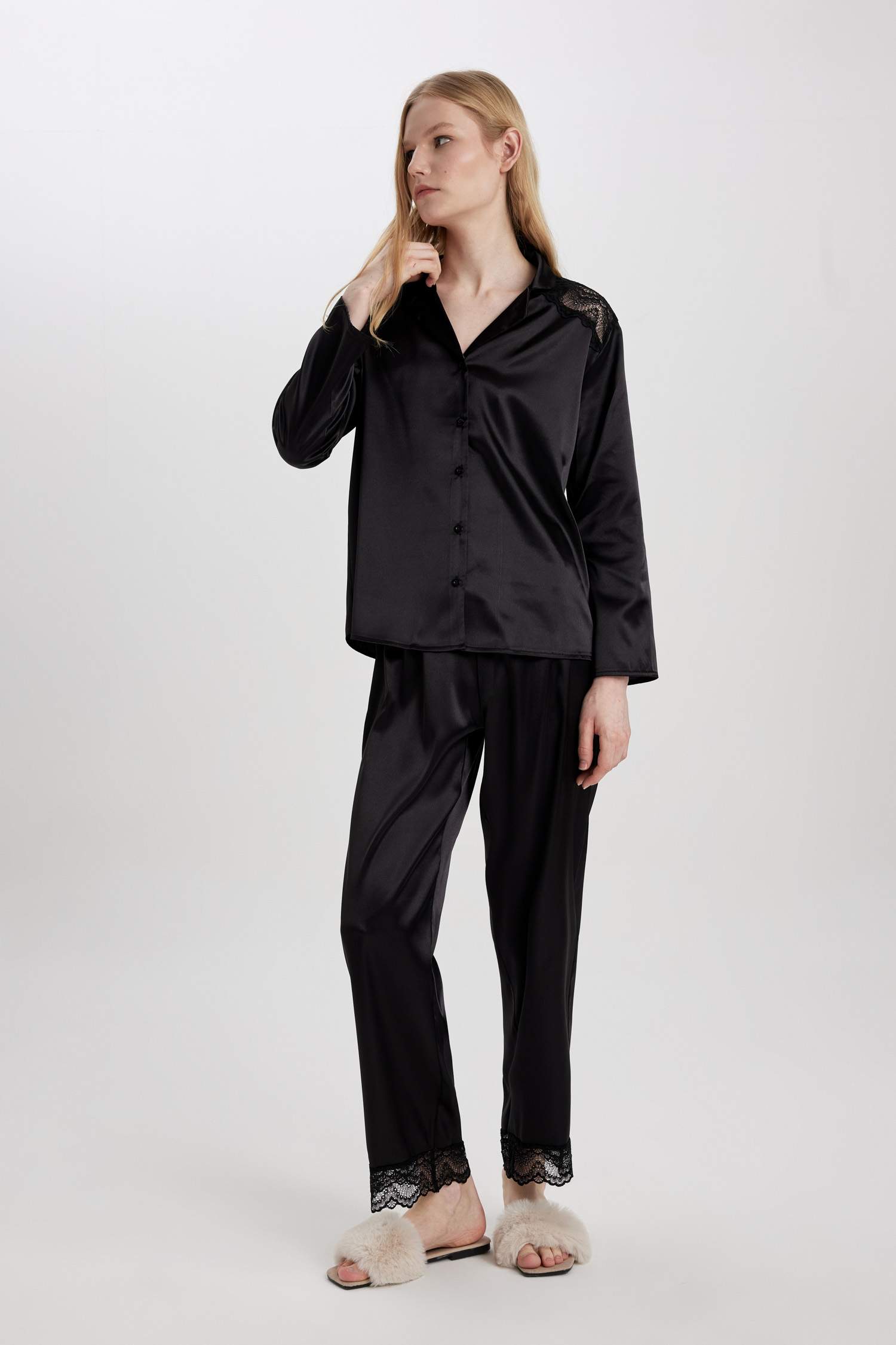 Regular Fit Uzun Kollu Saten Casual Pijama Üstü-Fall in Love