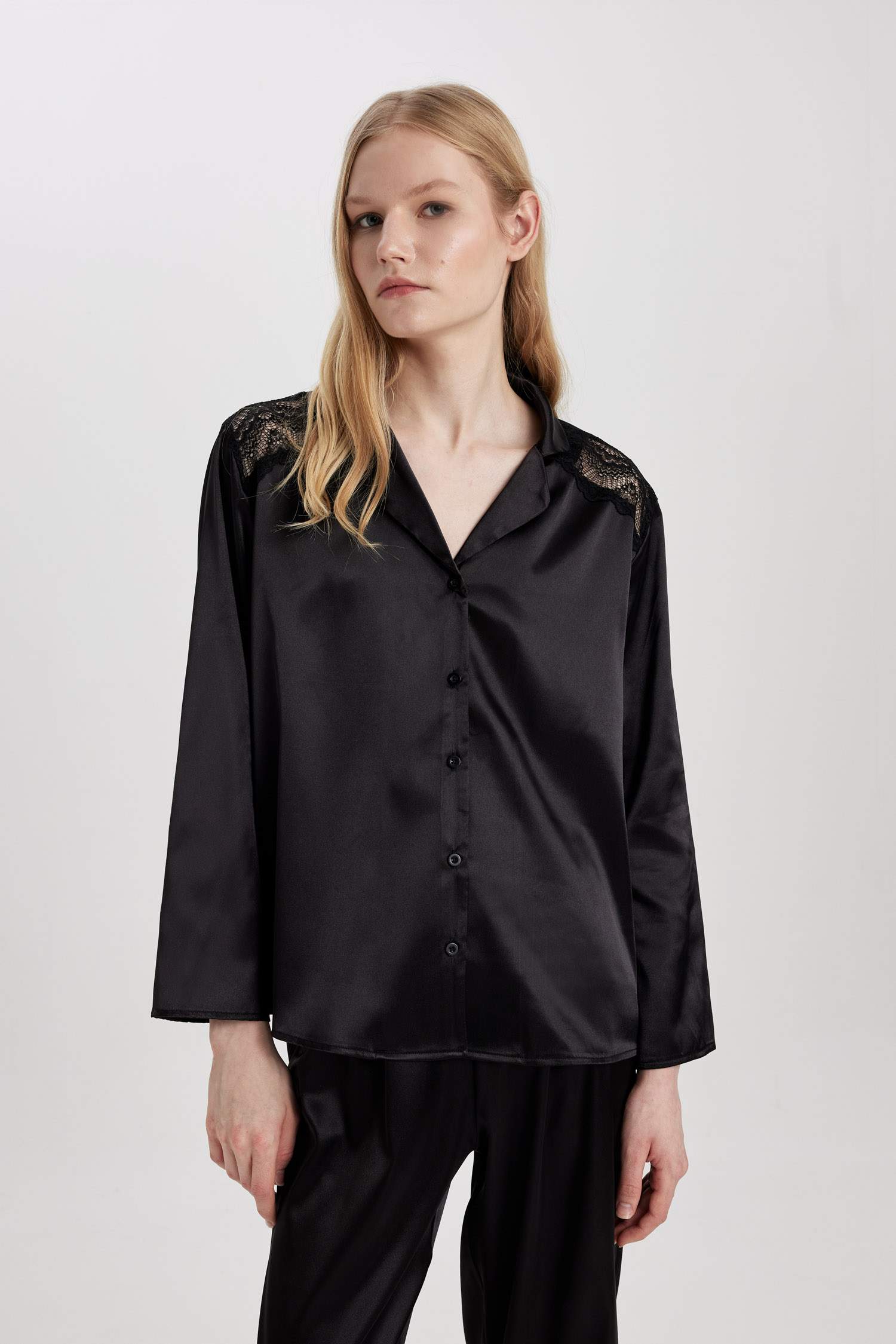 Regular Fit Uzun Kollu Saten Casual Pijama Üstü-Fall in Love