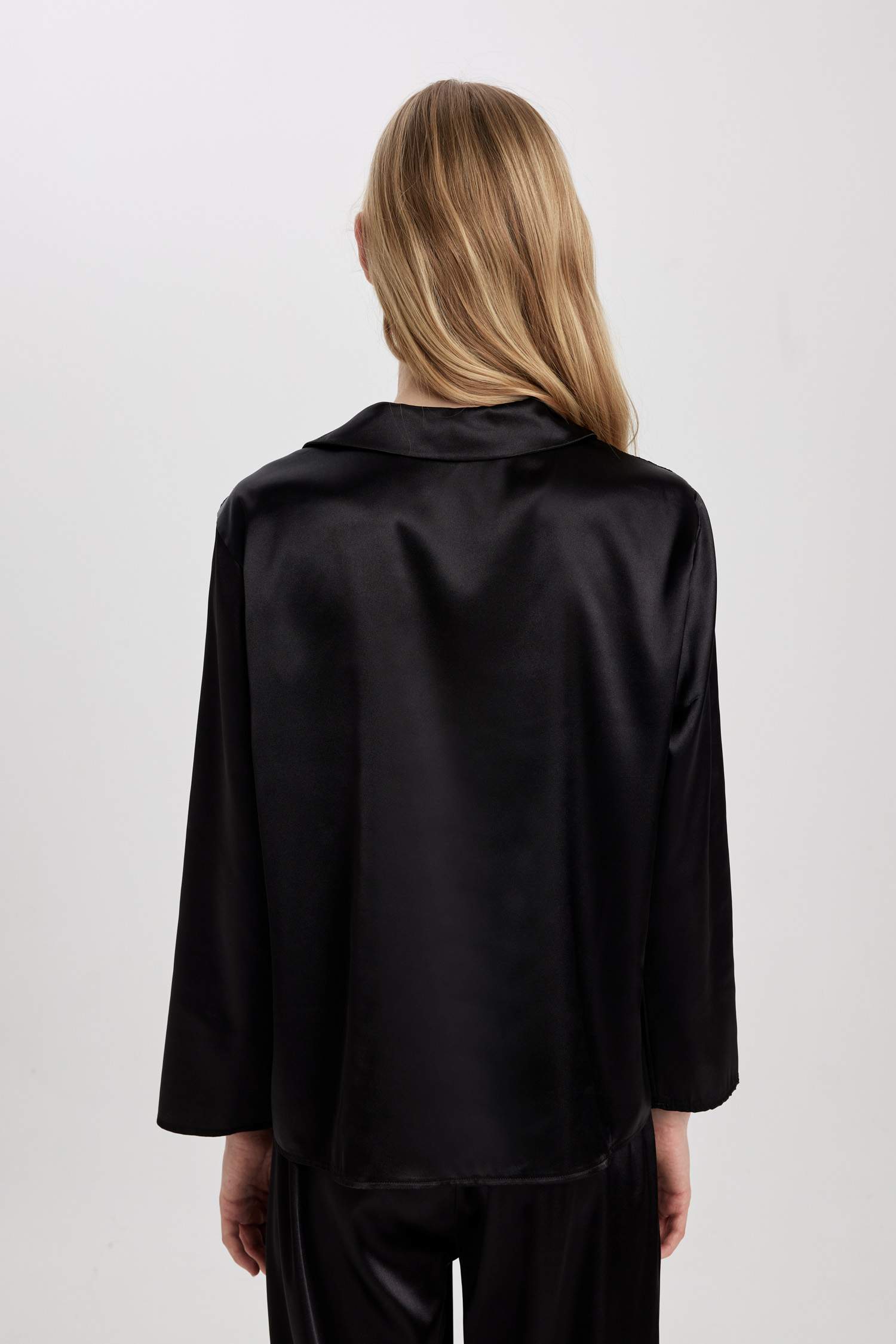 Regular Fit Uzun Kollu Saten Casual Pijama Üstü-Fall in Love