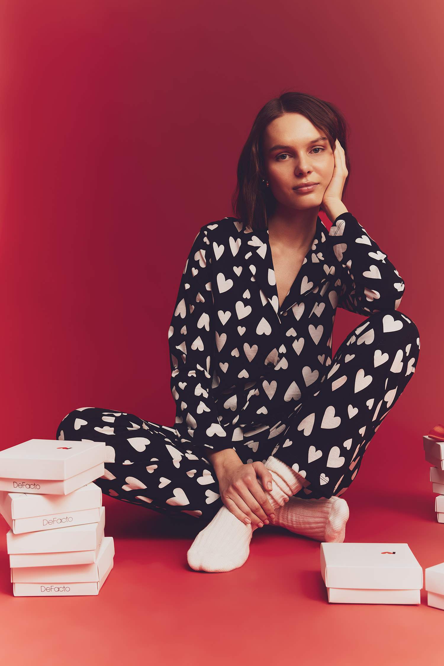 Pijama Takımı Kalp Desenli Uzun Kollu Üst Uzun Alt