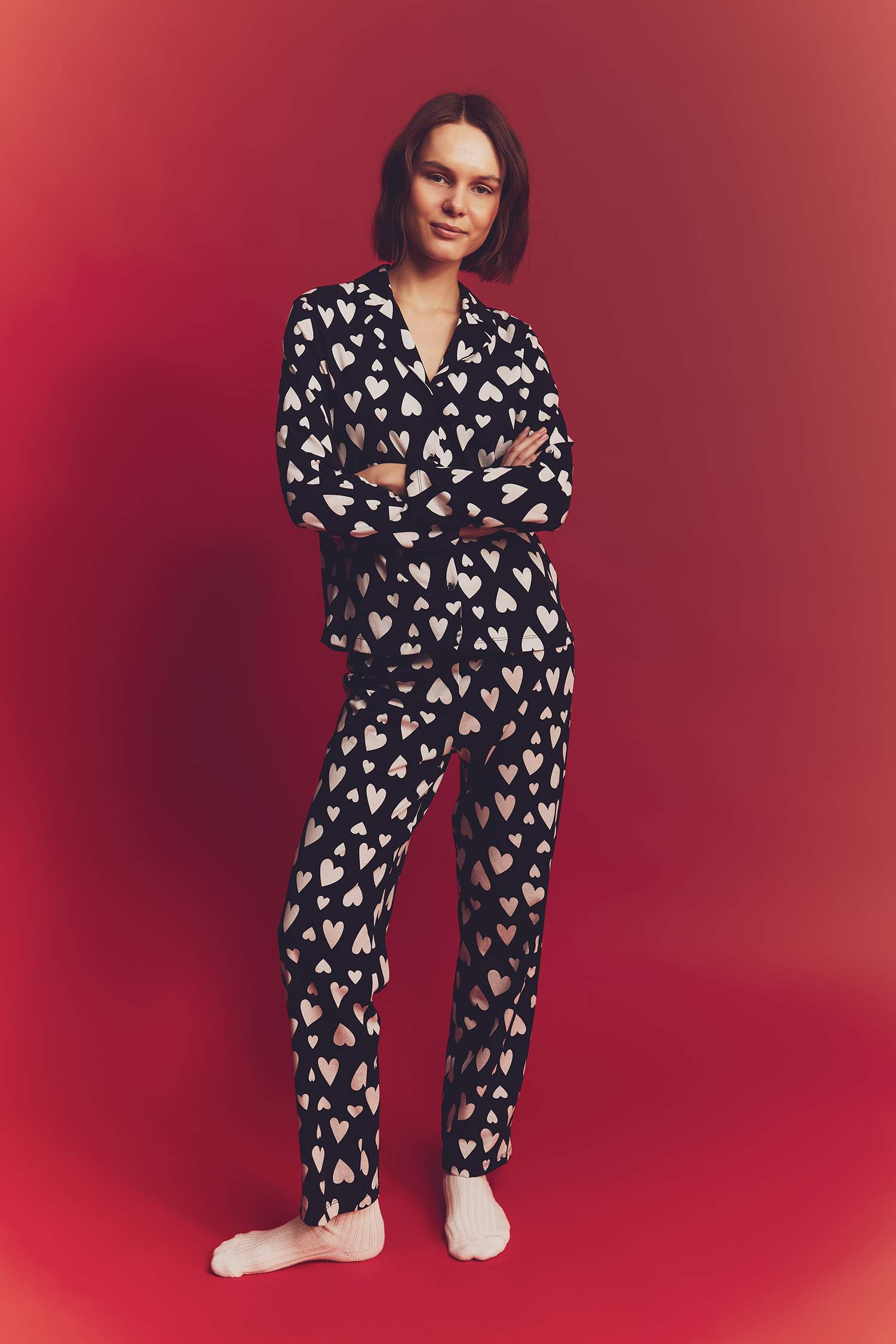 Pijama Takımı Kalp Desenli Uzun Kollu Üst Uzun Alt